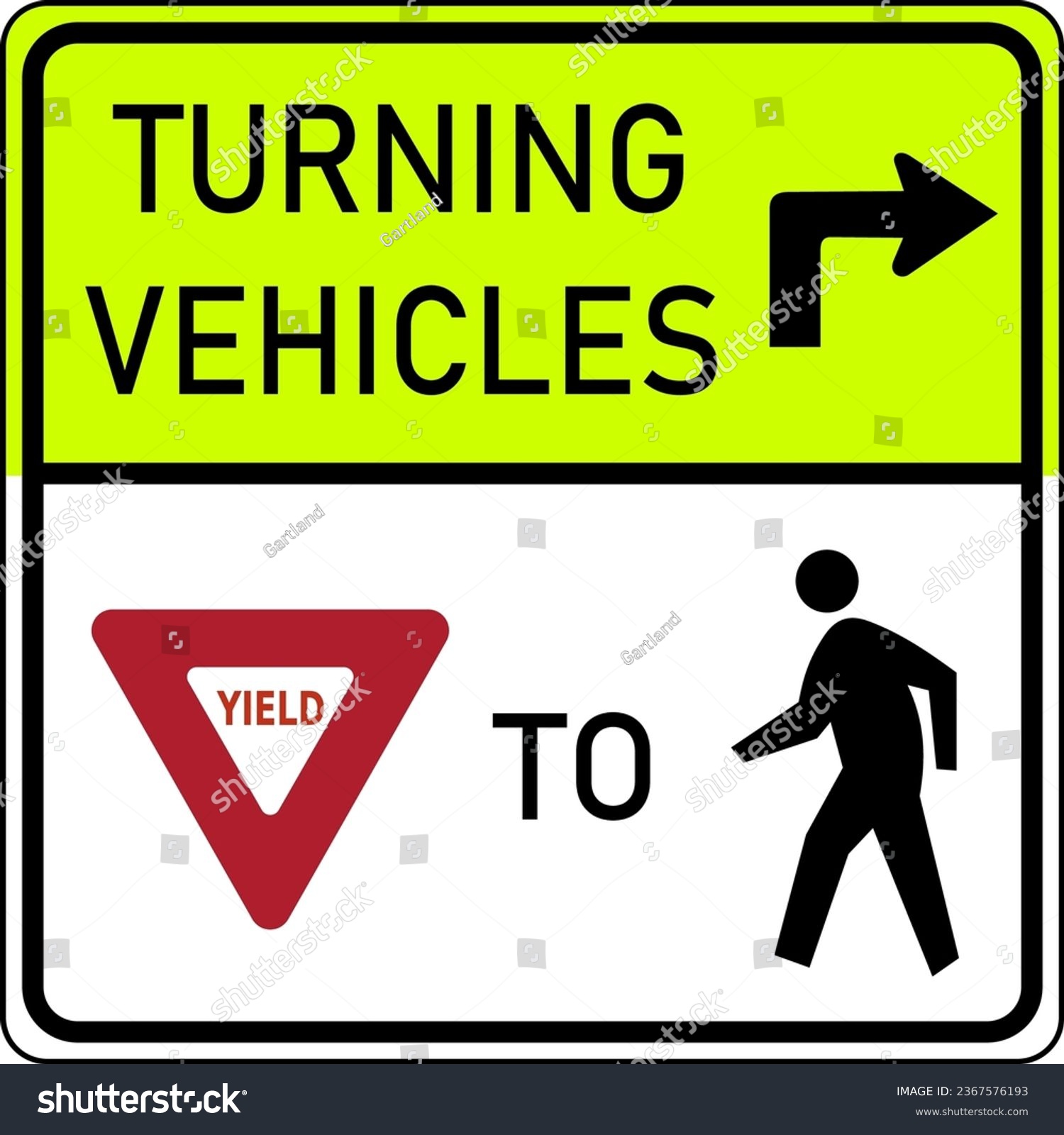 SVG of Vector graphic of a Turning Vehicles Yield to Pedestrians MUTCD highway sign. It consists of the wording Turning Vehicles, a triangular yield sign and the silhouette of a pedestrian in a rectangle svg