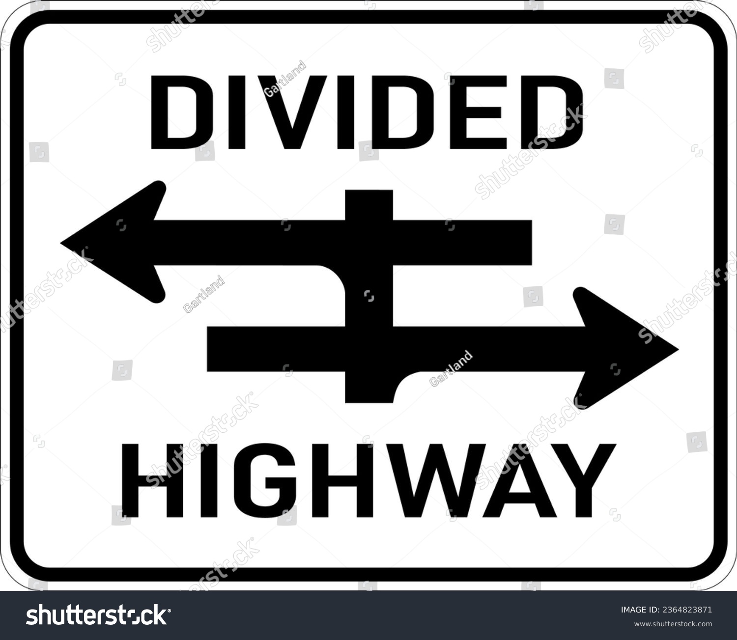 SVG of Vector graphic of a usa Divided Highway Crossing MUTCD highway sign. It consists of the wording Divided Highway and a schematic of the road layout contained in a white rectangle svg