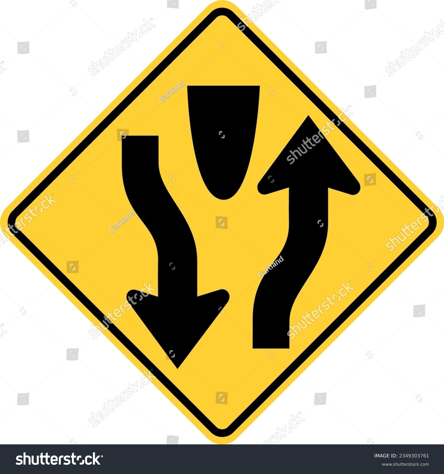 SVG of Vector graphic of a usa divided highway starts highway sign. It consists of two black arrows indicating the flow of traffic within a black and yellow square tilted to 45 degrees svg