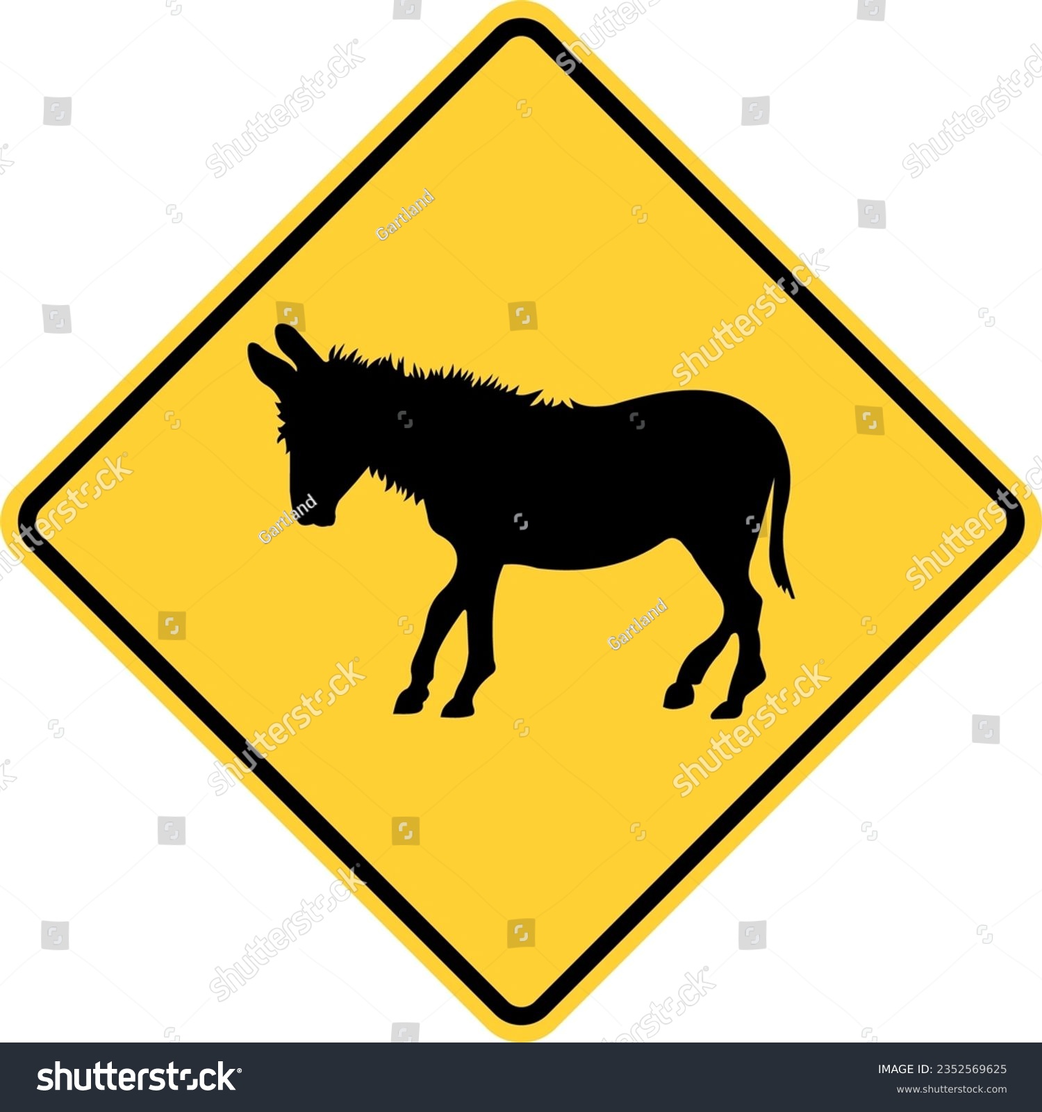 SVG of Vector graphic of a usa Donkey Crossing Ahead  highway sign. It consists of the silhouette of a wild donkey within a black and yellow square tilted to 45 degrees svg