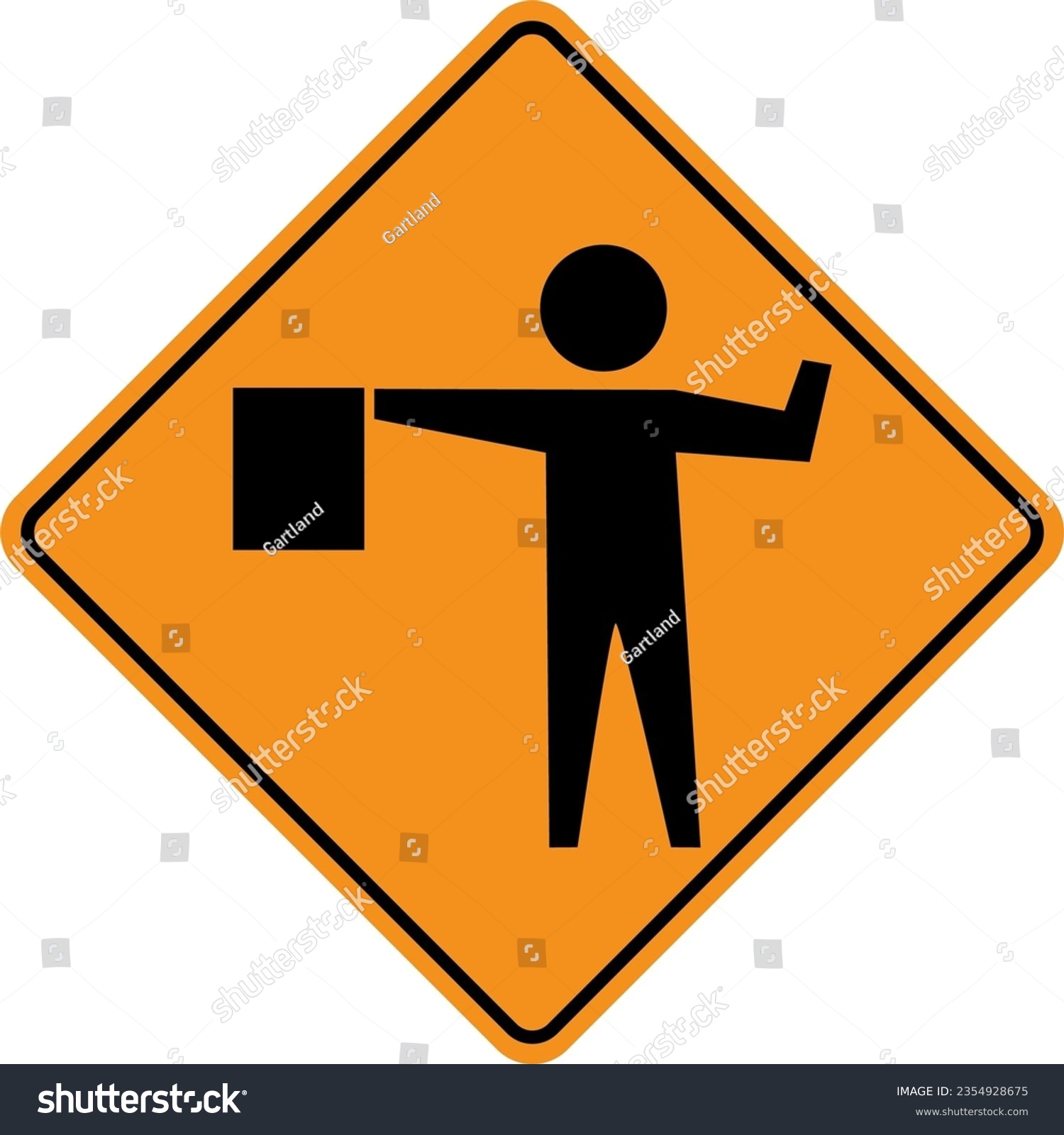 SVG of Vector graphic of a usa flagger ahead highway sign. It consists of a silhouette of a man with a flag within a black and orange square tilted to 45 degrees svg