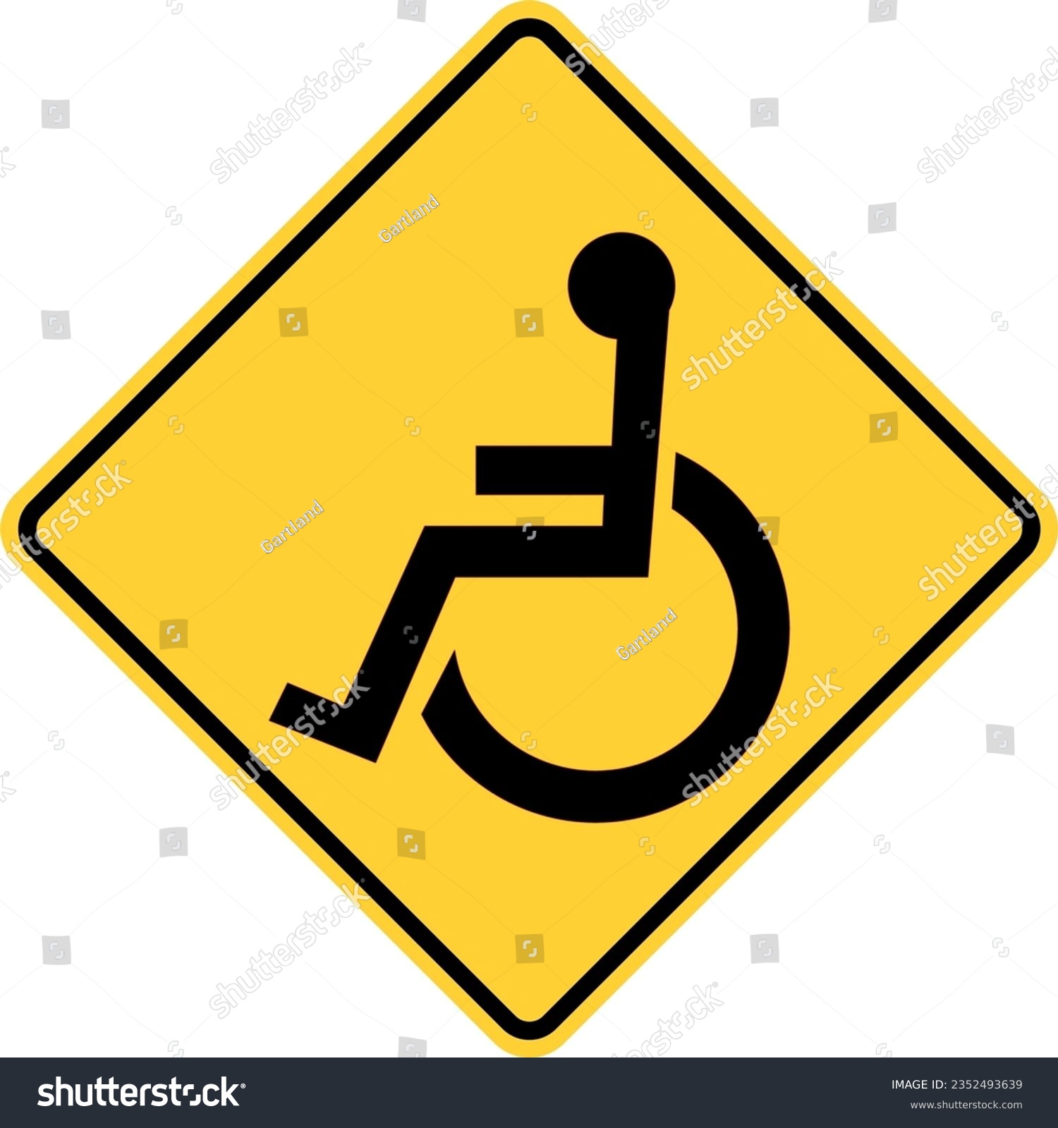 SVG of Vector graphic of a usa Handicapped Crossing Ahead highway sign. It consists of the silhouette of a person in a wheelchair within a black and yellow square tilted to 45 degrees svg
