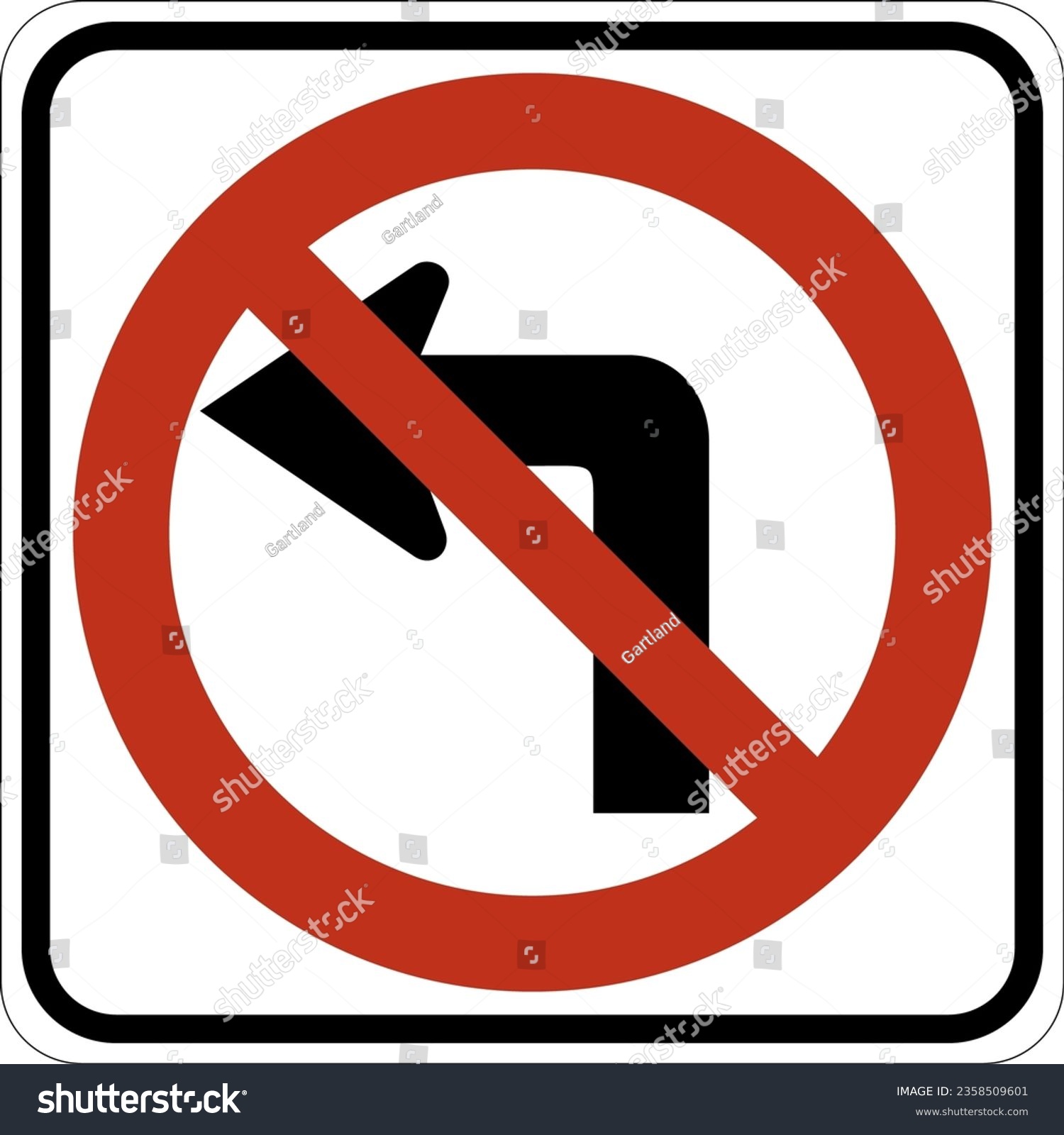 SVG of Vector graphic of a usa No Left Turn highway sign. It consists of a red circle with a red diagonal bar obscuring an arrow with a left pointing, right angle bend contained in a white rectangle svg