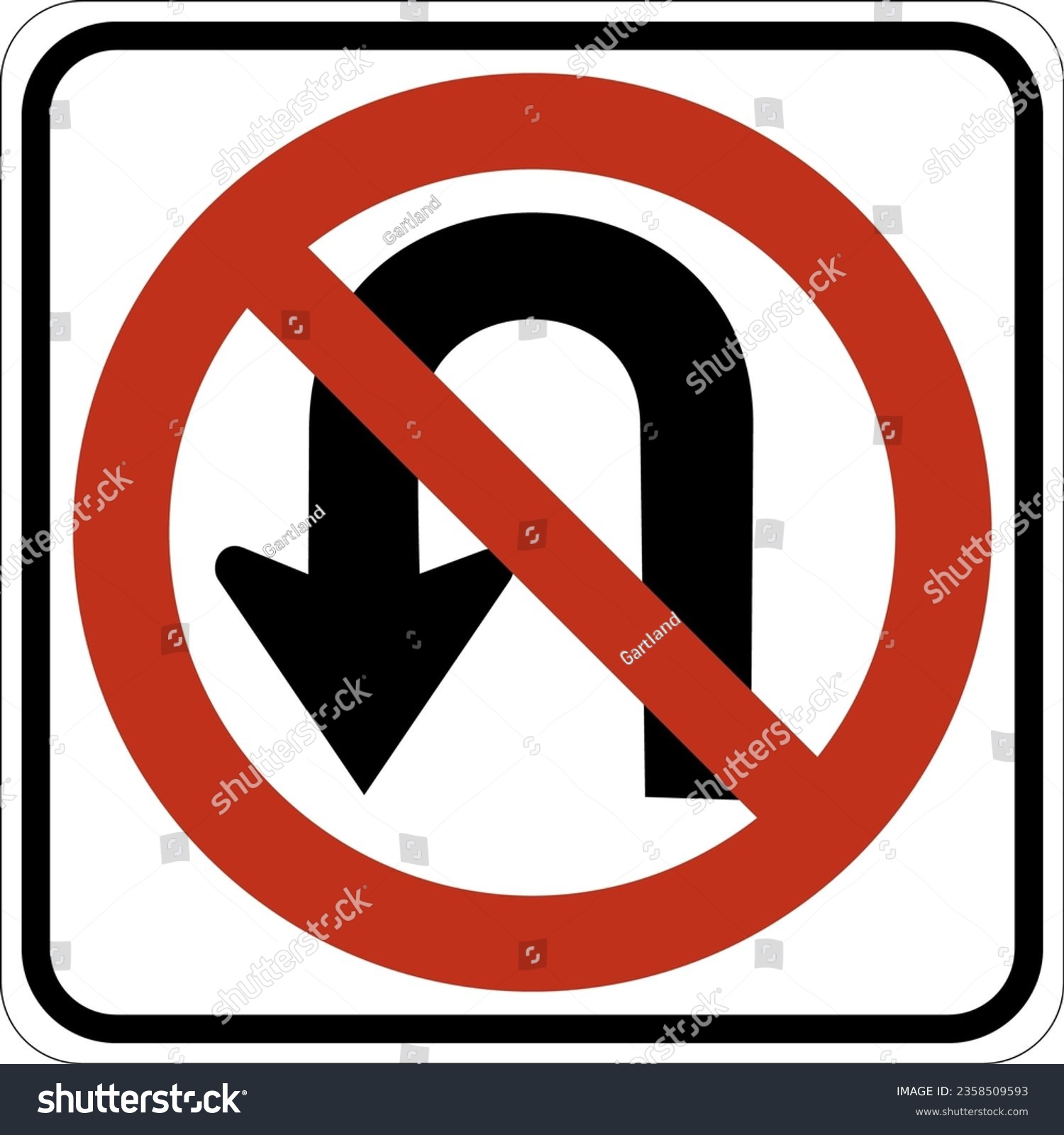 SVG of Vector graphic of a usa No U Turn highway sign. It consists of a red circle with a red diagonal bar obscuring an arrow with a 180 degree bend  contained in a white rectangle svg