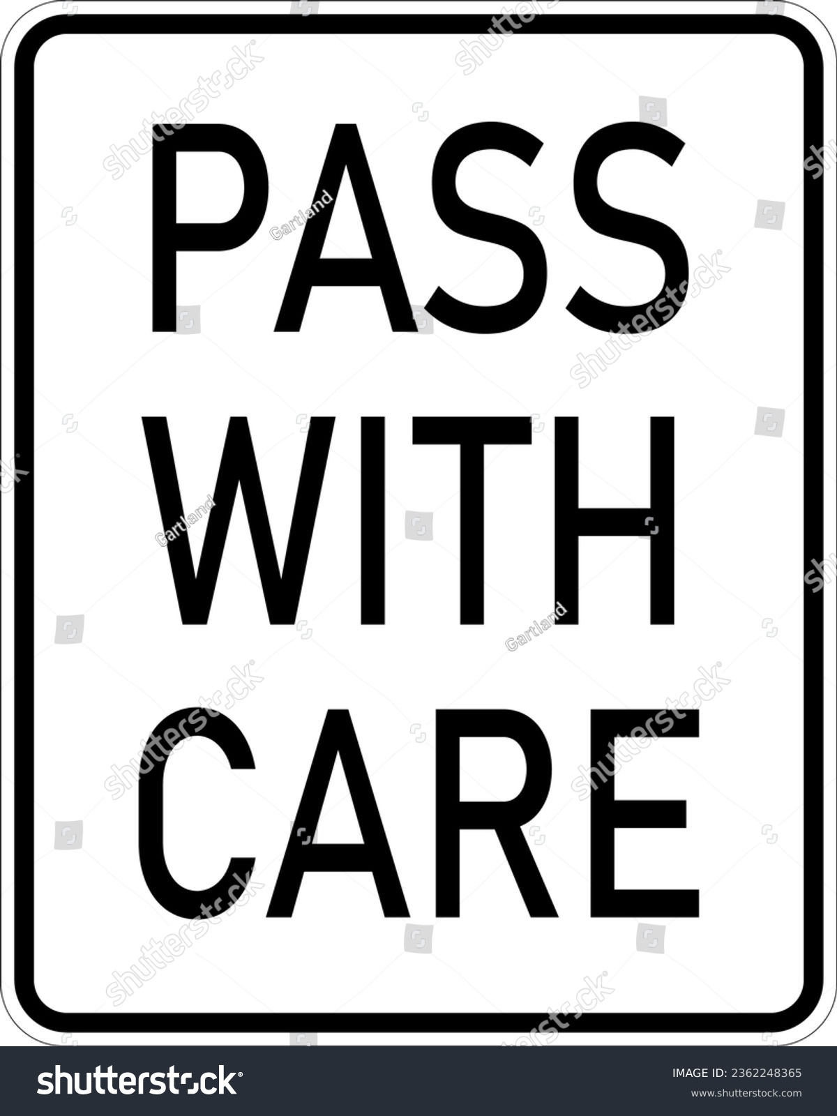 SVG of Vector graphic of a usa Pass With Care highway sign. It consists of the wording Pass With Care contained in a white rectangle svg