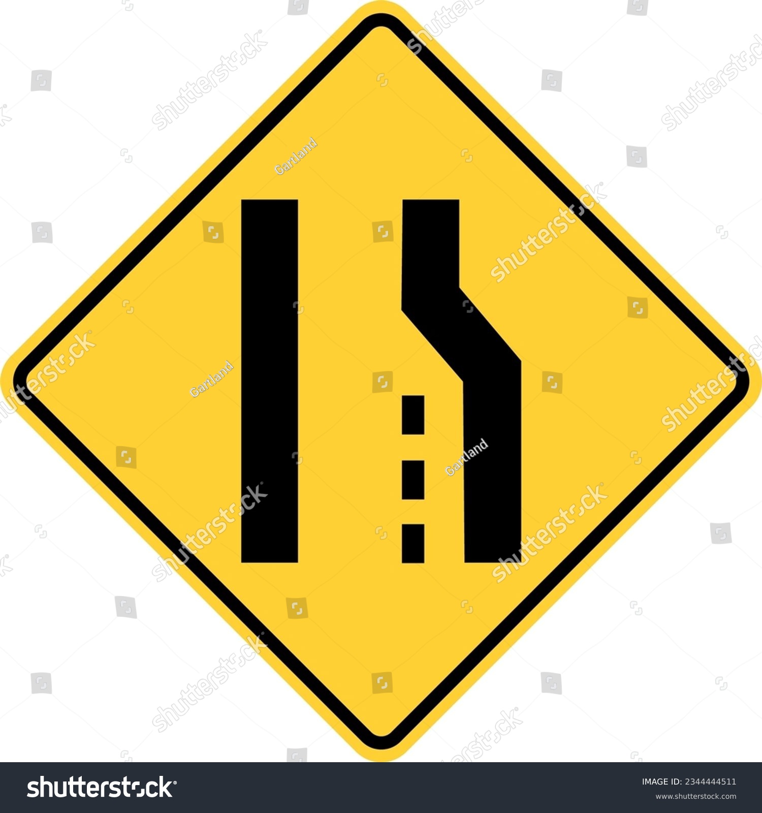 SVG of Vector graphic of a usa right lane ends highway sign. It consists of a black road narrowing from two lanes to one within a black and yellow square tilted to 45 degrees svg