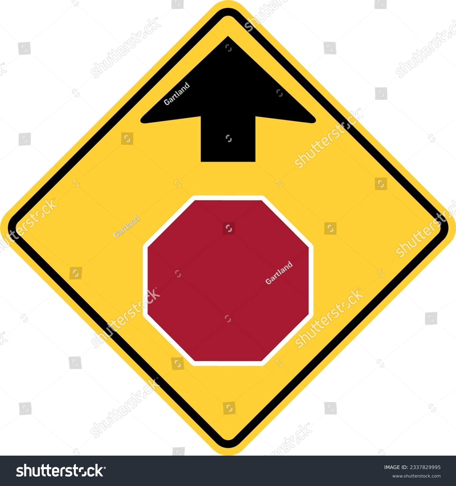 SVG of Vector graphic of a usa stop ahead highway sign. It consists of a black upward pointing arrow above a red hexagon with a white border within a black and yellow square tilted to 45 degrees svg