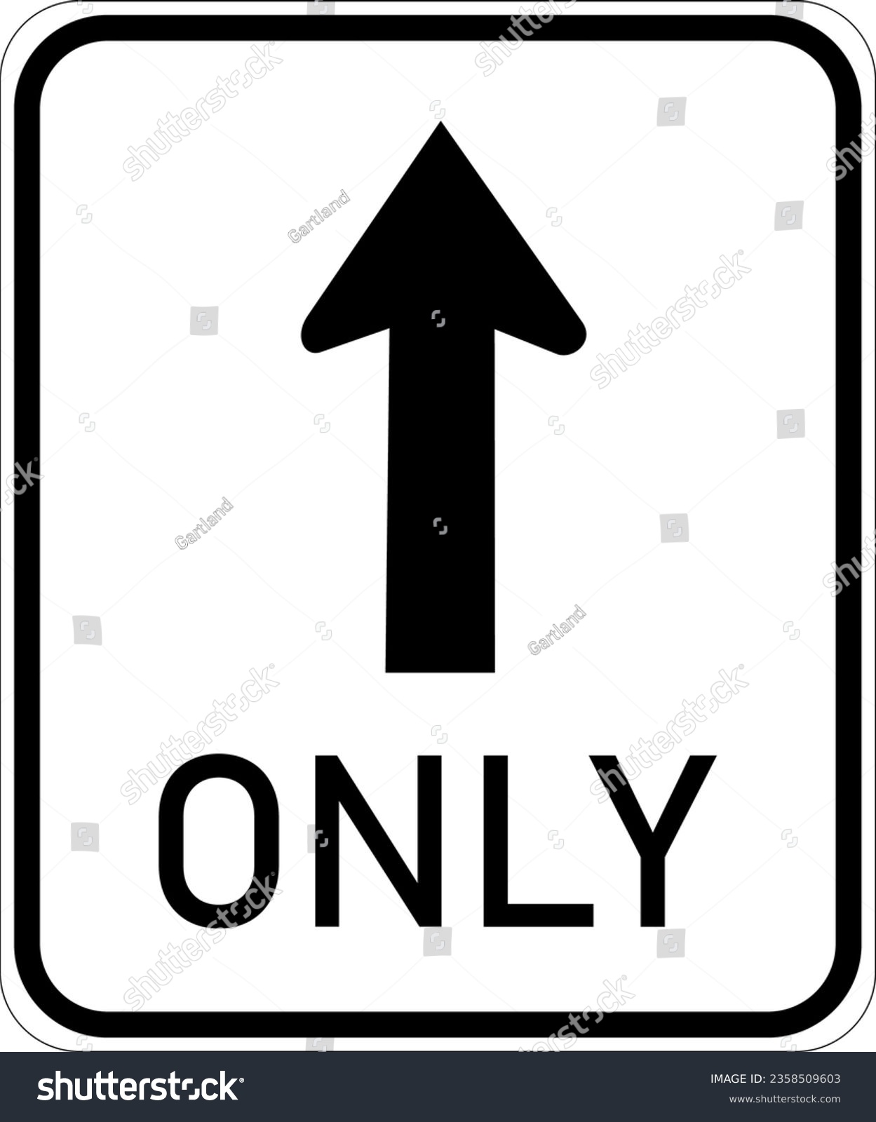 SVG of Vector graphic of a usa straight on only highway sign. It consists of the wording Only, below an upward pointing arrow contained in a white rectangle svg