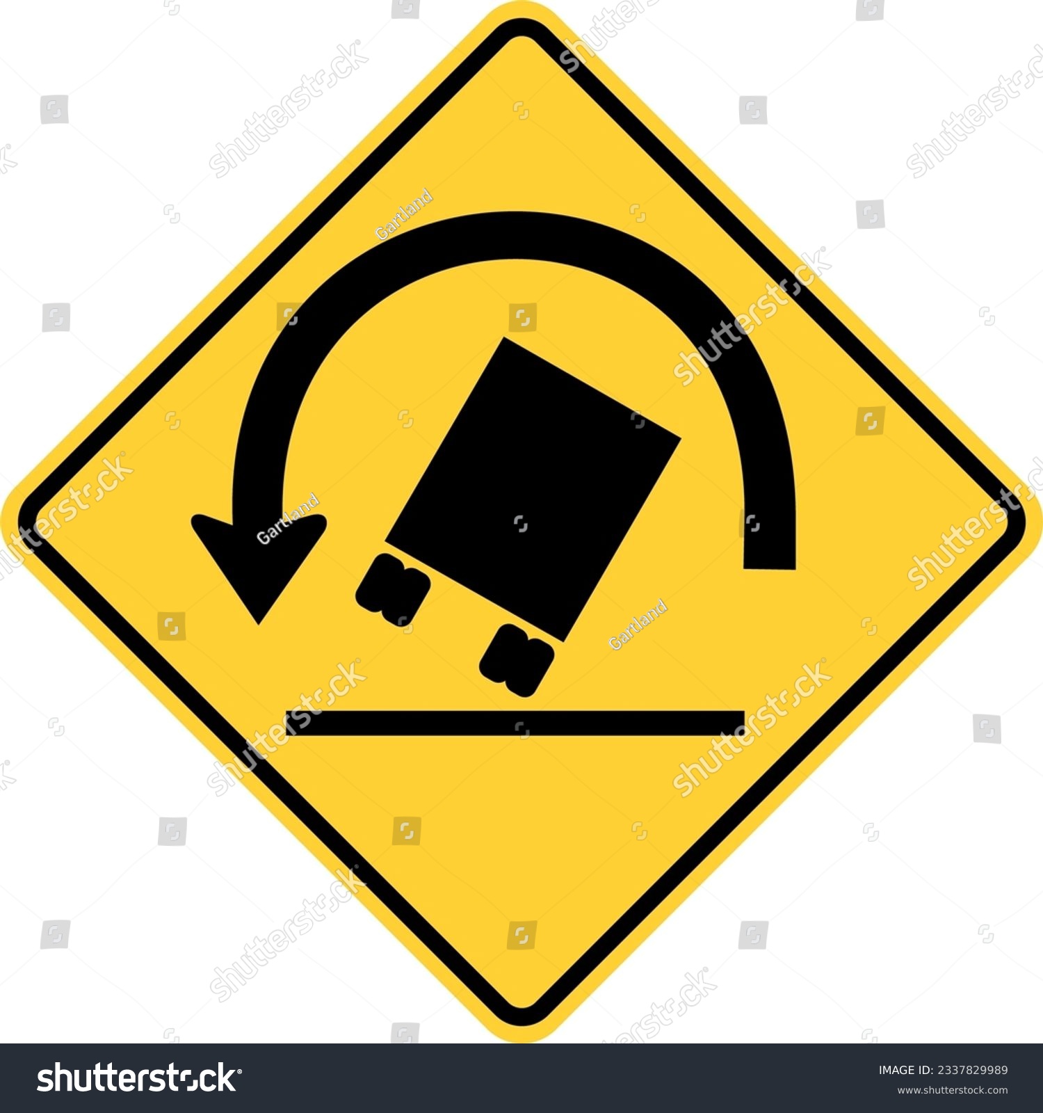 SVG of Vector graphic of a usa truck rollover warning highway sign. It consists of a black truck tilted at a dangerous angle below a curved black arrow within a black and yellow square tilted to 45 degrees svg
