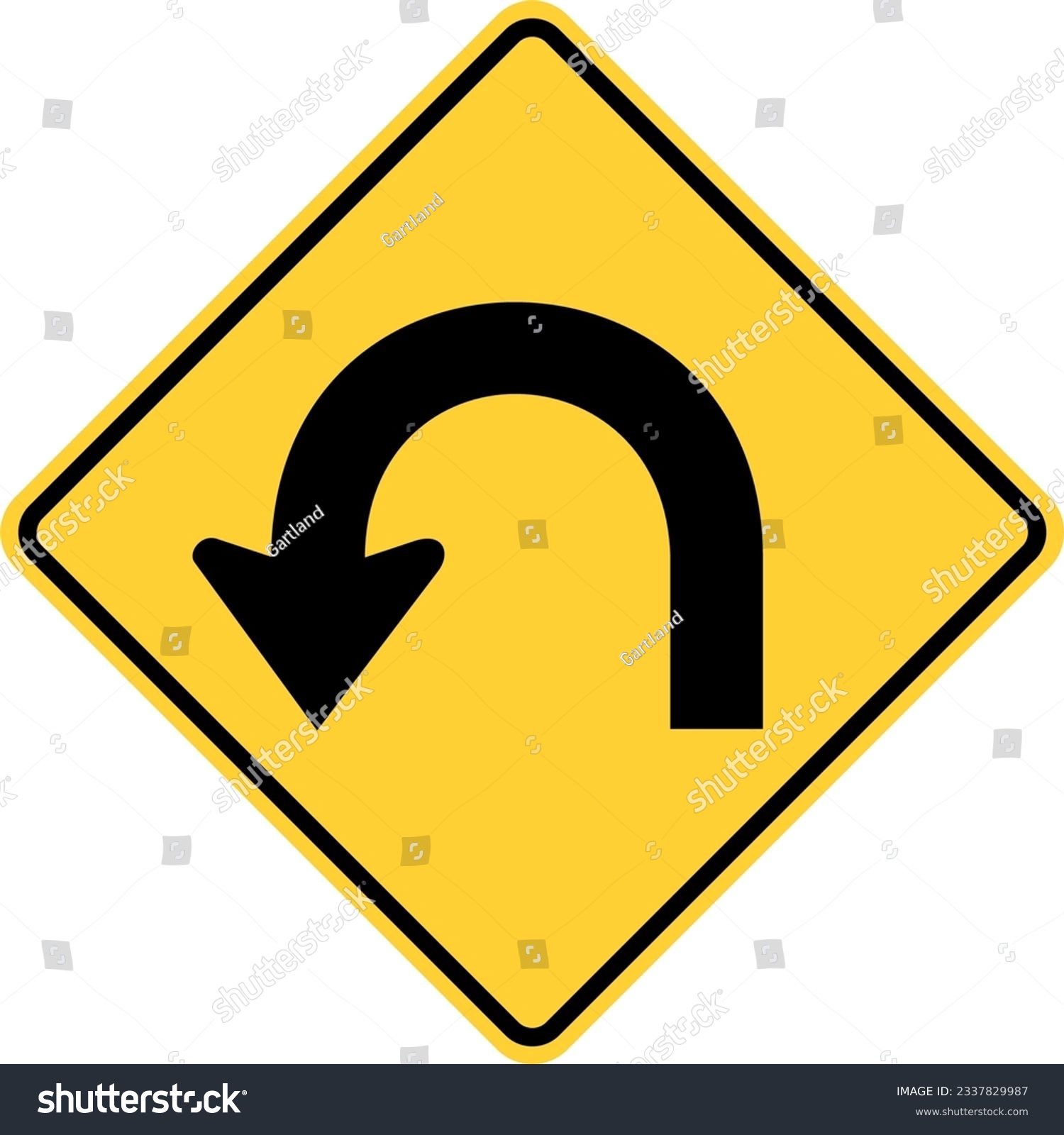SVG of Vector graphic of a usa turn around road highway sign. It consists of a black arrow with a 180 degree turn within a black and yellow square tilted to 45 degrees svg