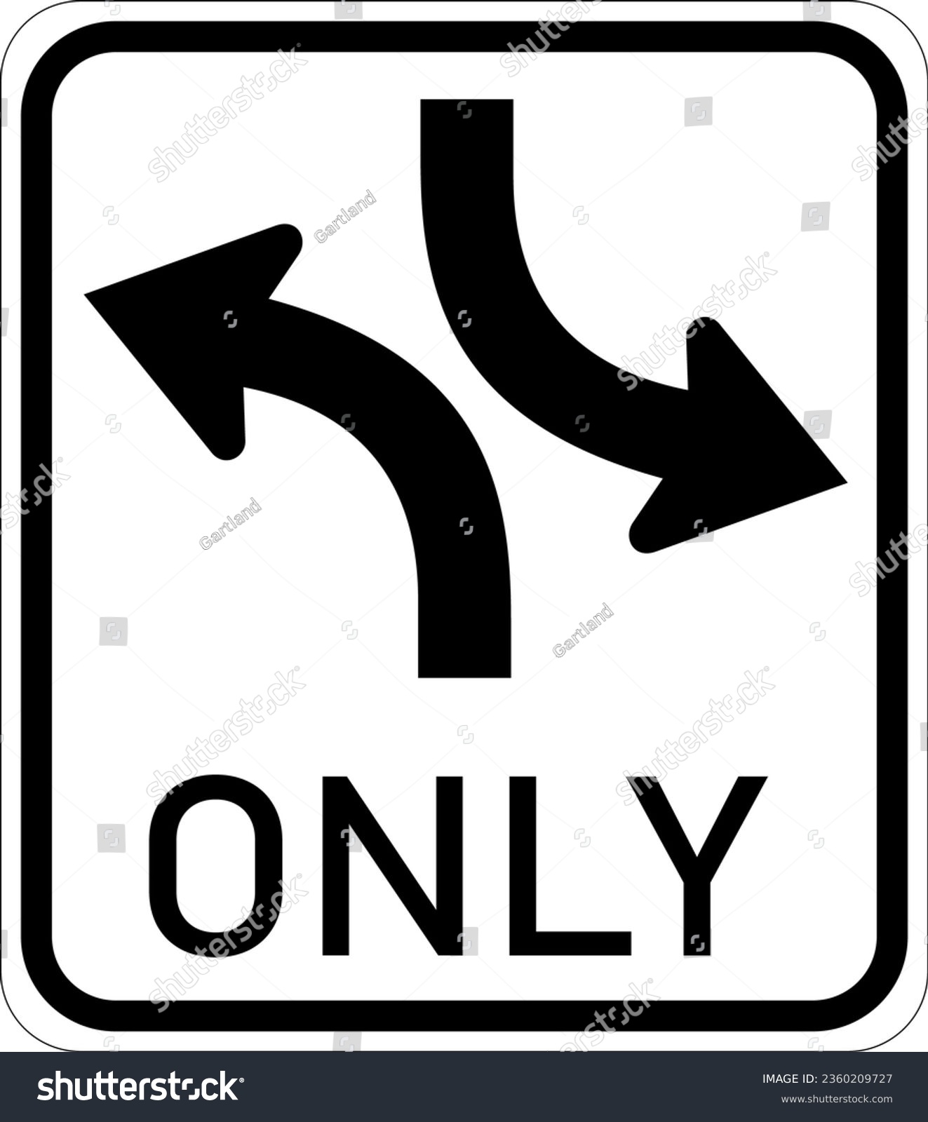 SVG of Vector graphic of a usa Two Way Left Turn Only highway sign. It consists of two curved arrows denoting the traffic flow and the word Only contained in a white rectangle svg