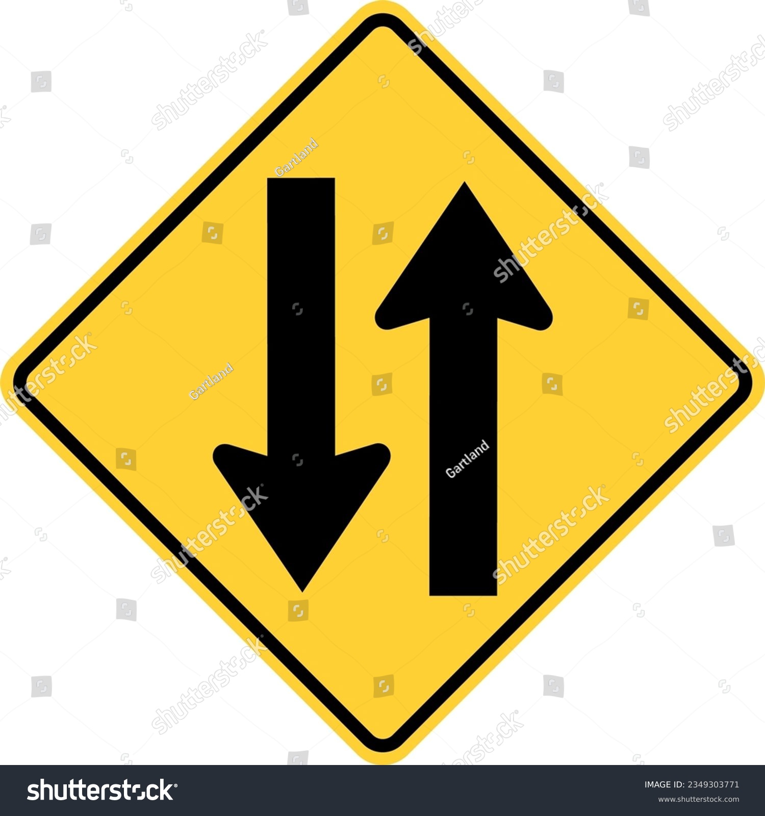 SVG of Vector graphic of a usa two way traffic highway sign. It consists of two black arrows indicating the direction of traffic flow within a black and yellow square tilted to 45 degrees svg