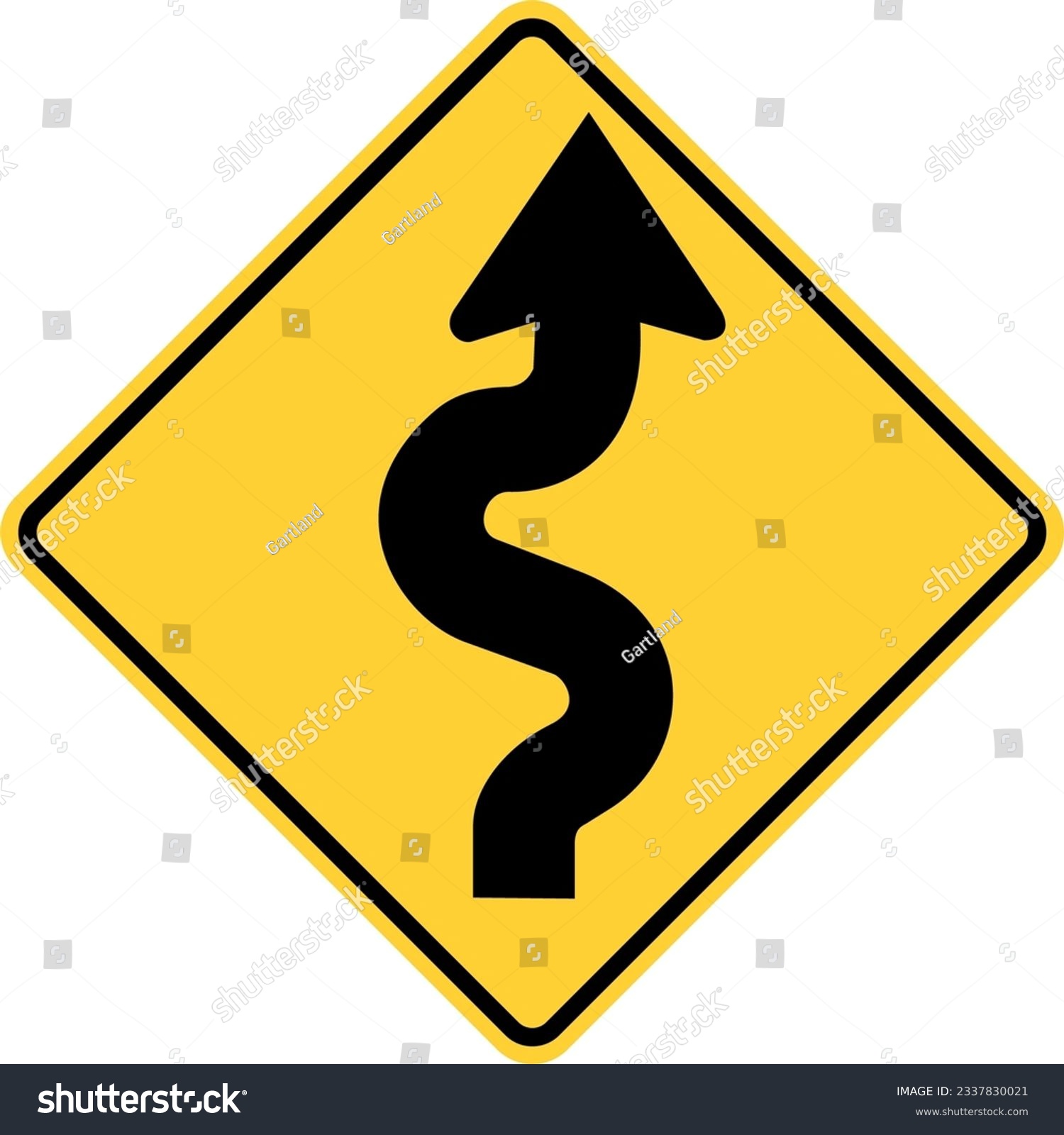 SVG of Vector graphic of a usa winding road highway sign. It consists of a black arrow with multiple curves within a black and yellow square tilted to 45 degrees svg