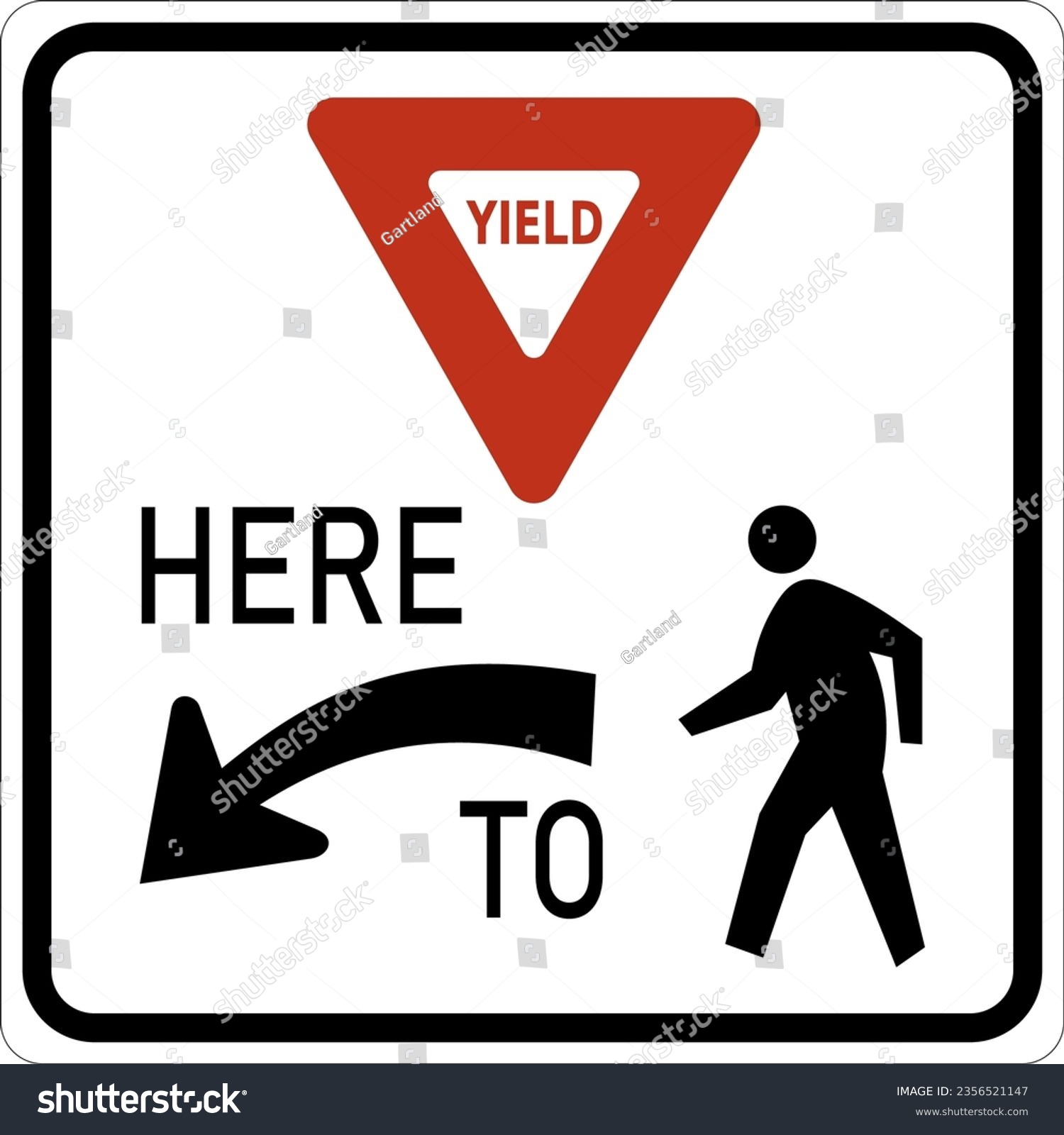 SVG of Vector graphic of a usa yield to pedestrians highway sign. It consists of the wording Yield here to, a triangular yield sign an arrow and the silhouette of a pedestrian all in a white rectangle svg