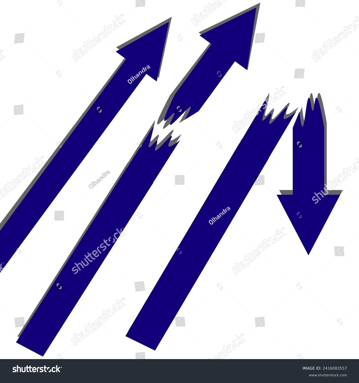 SVG of Vector graphics. On a white background, a blue arrow rises sharply, the second one is broken, the third one is broken and falls down. svg
