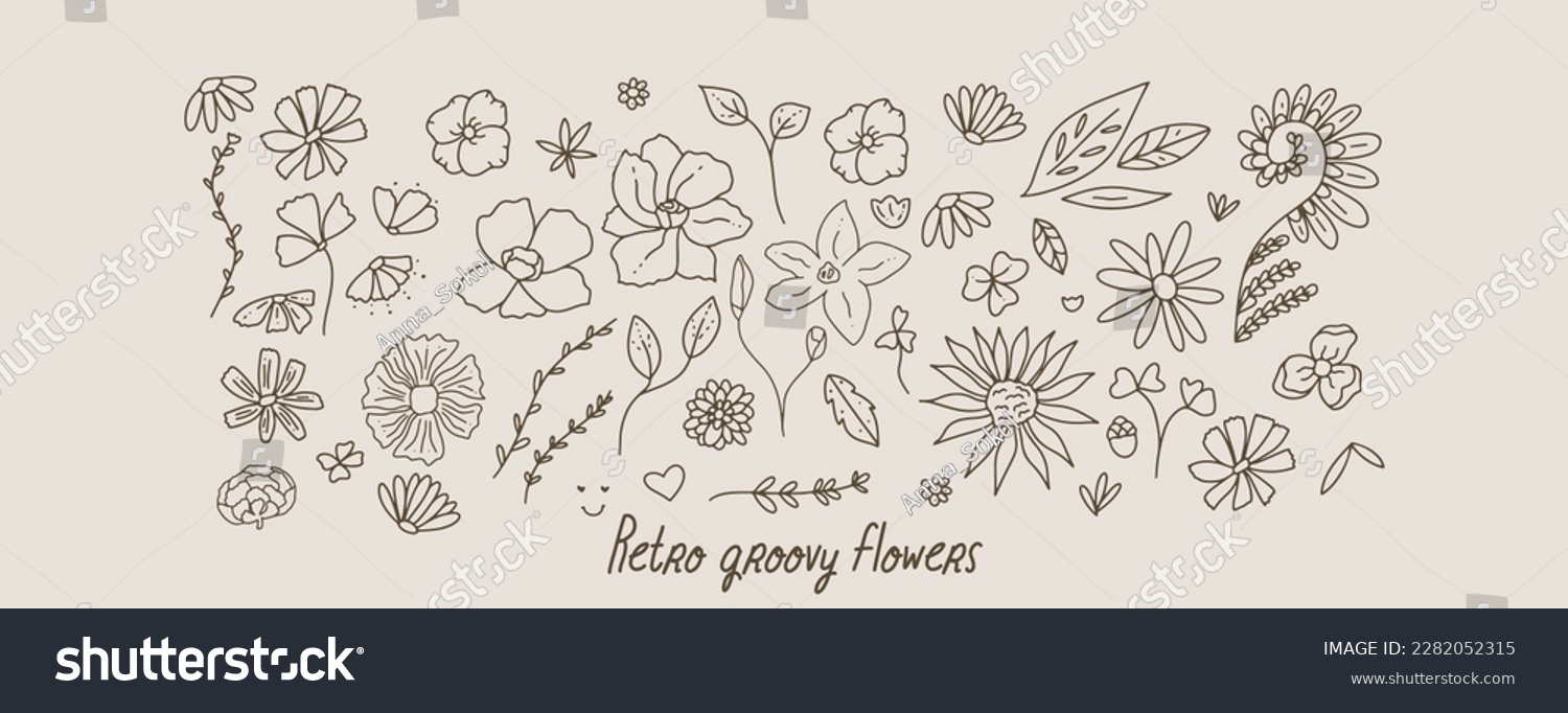 SVG of Vector groovy retro flowers hand drawn illustration set. Doodle line art sketch drawing. Botanical florals and leaves isolated  svg
