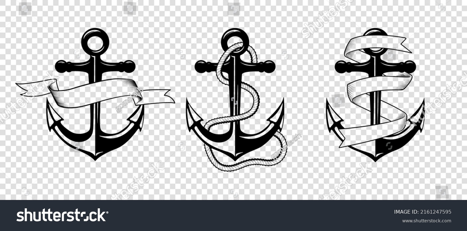 SVG of Vector Hand drawn Anchor Icon Set Isolated. Design Template for Tattoos, Tshirt, Logo, Labels. Anchor with Ribbon, Rope. Antique Vintage Marine Anchors svg