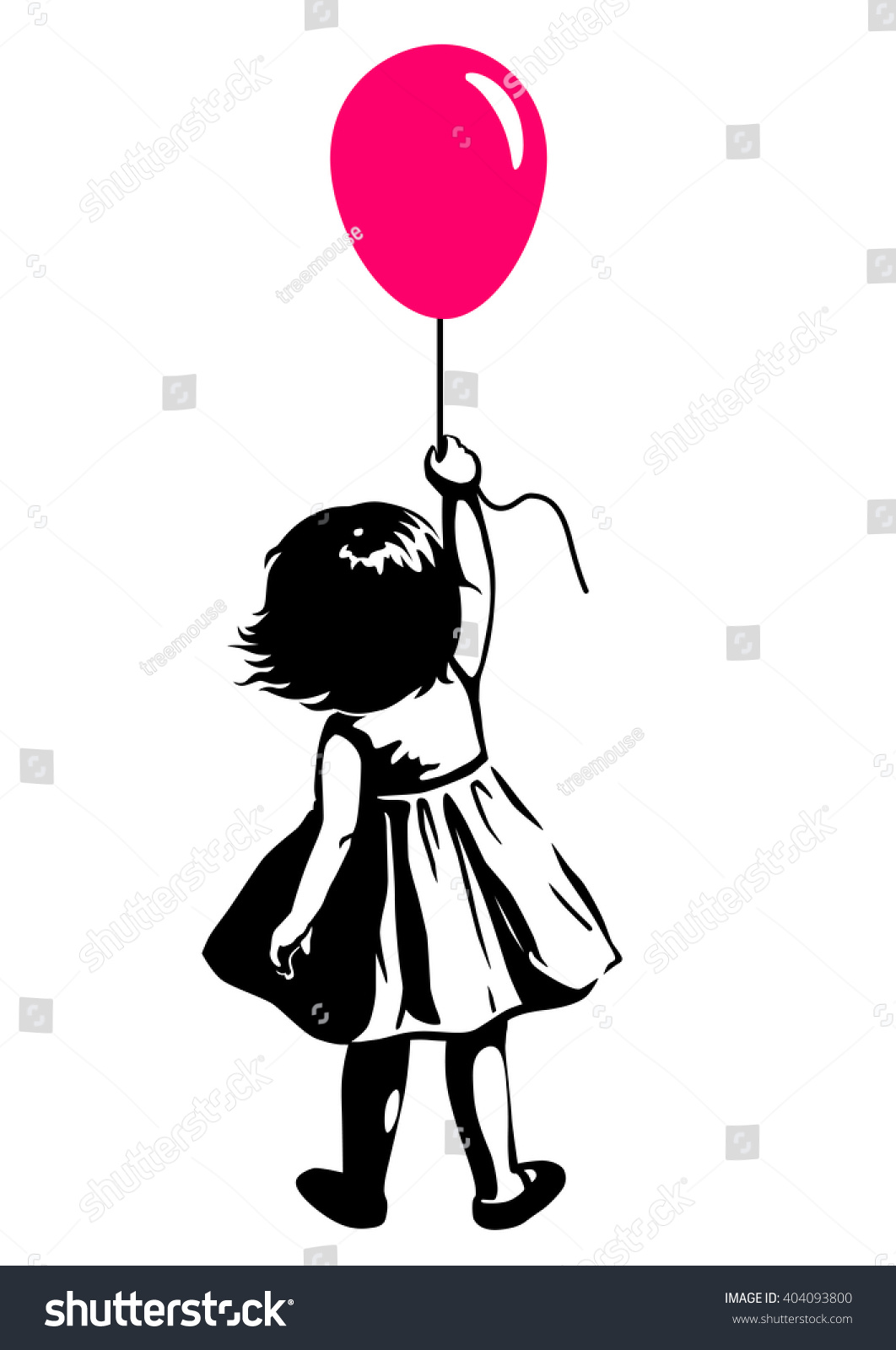 ピンクの赤い風船を手にした幼い女の子のベクター手描きの白黒のシルエットイラスト 背景 アーバンストリートアートスタイルの落書きステンシルアートデザインエレメント のベクター画像素材 ロイヤリティフリー