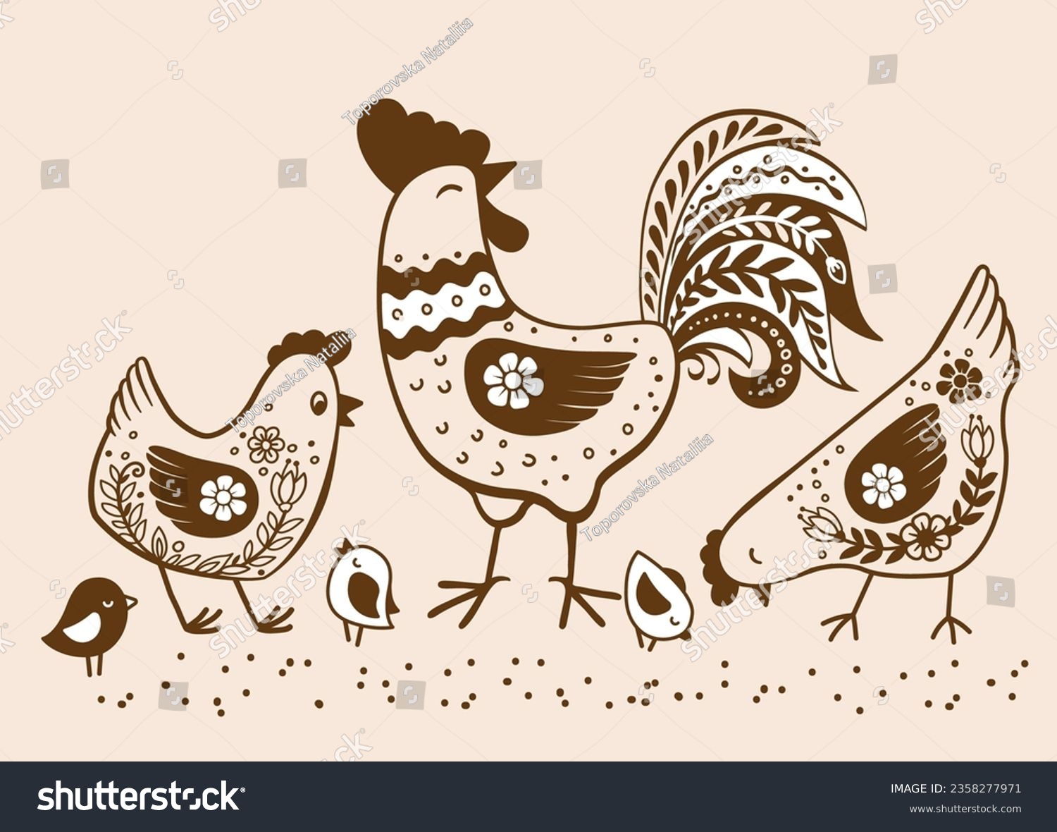SVG of Vector hand drawn chicken family in retro style. Ornate doodle of domestic birds svg