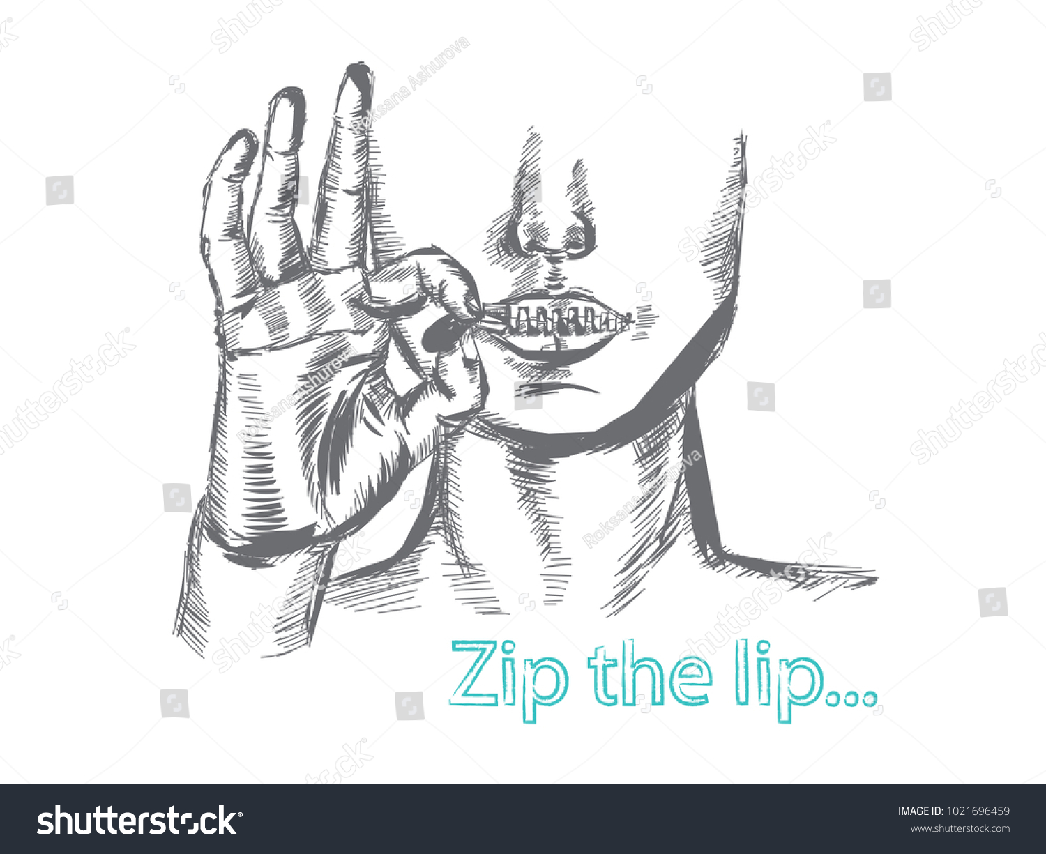SVG of Vector hand-drawn concept, mouth closed with a zip. Face and hand in sketching art style. Inscription 