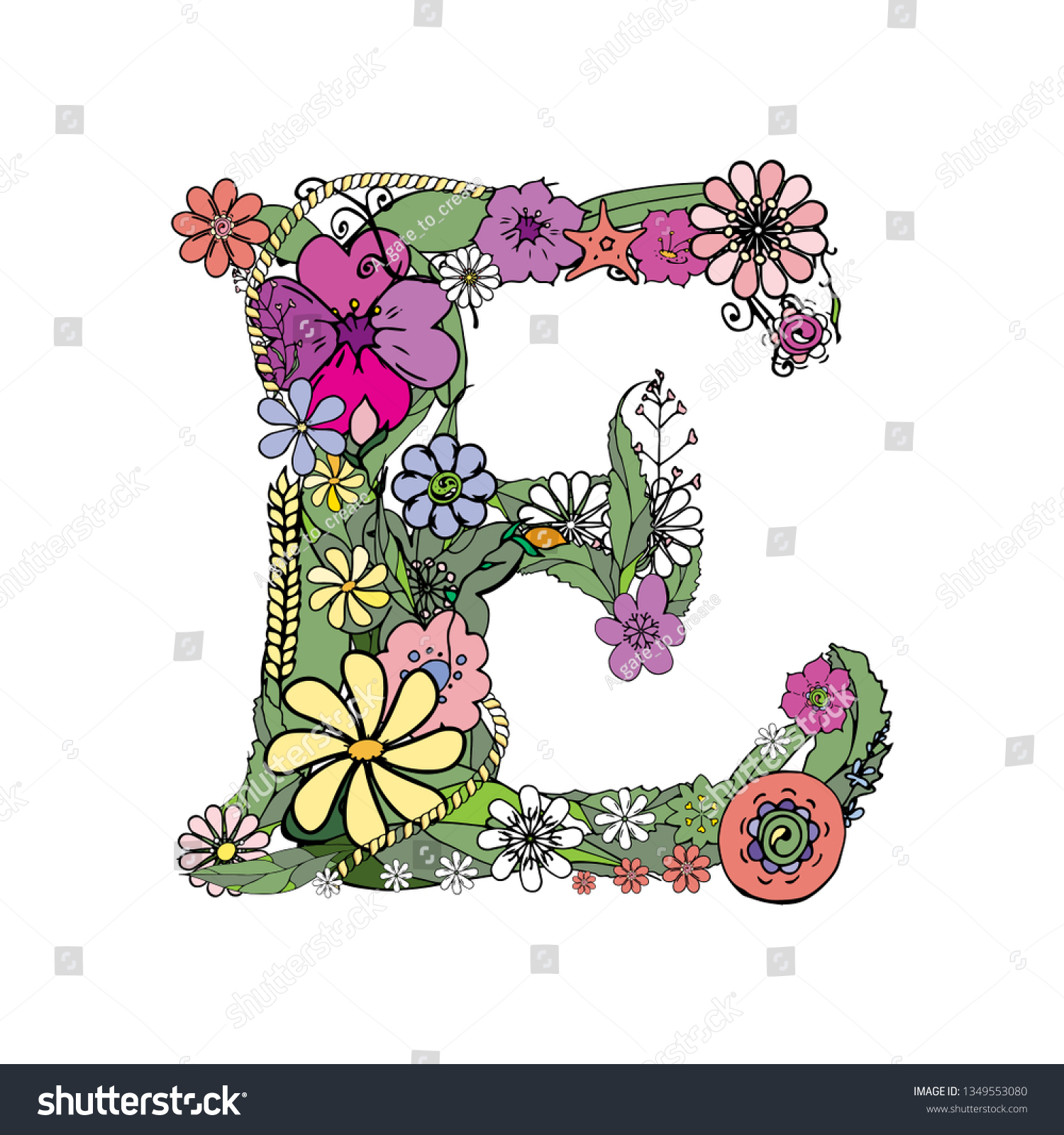 Vector Hand Drawn Floral Letter E Stock Vector Royalty Free 1349553080