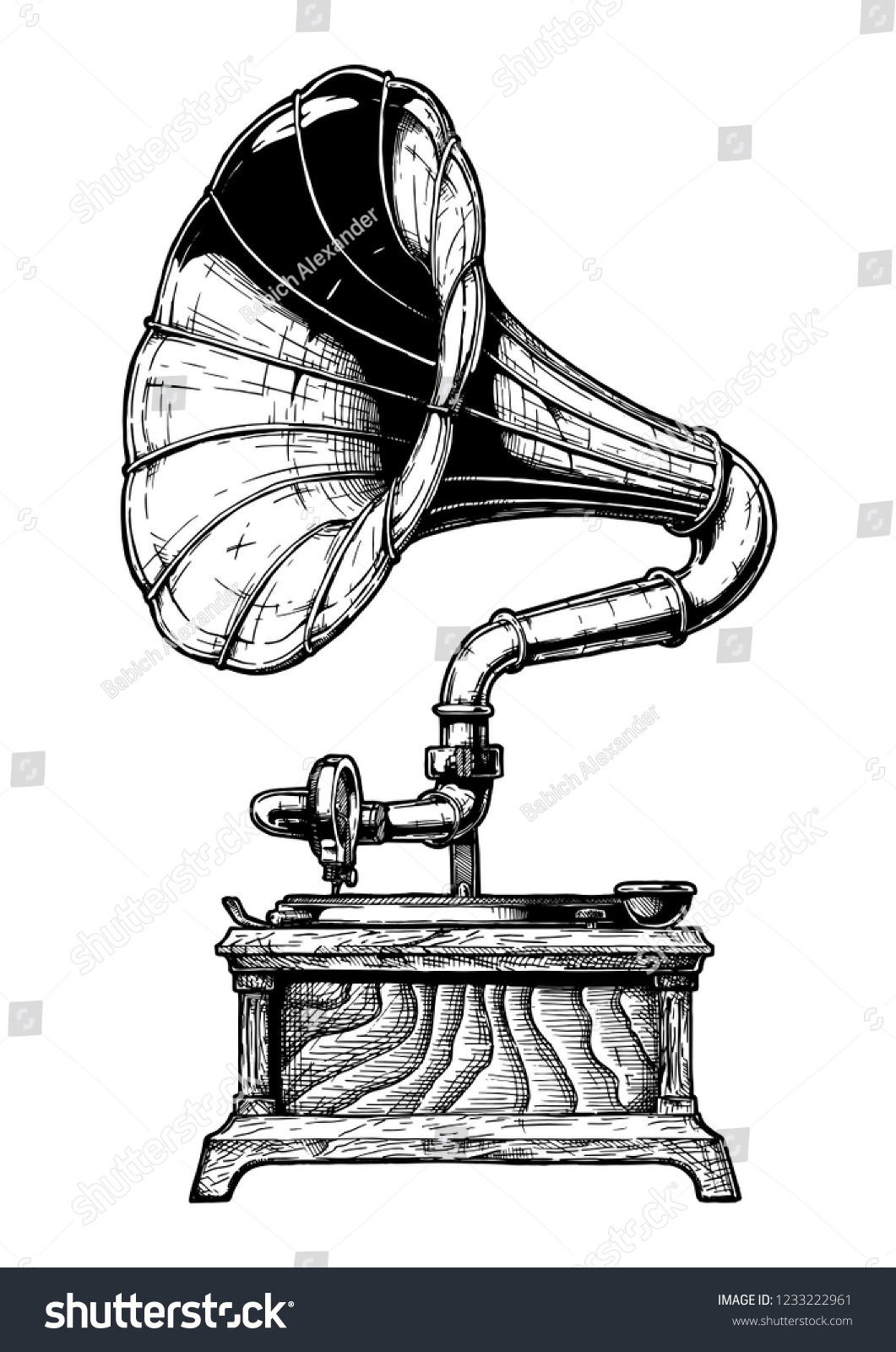 ビンテージ彫刻スタイルのレコード蓄音機のベクター手描きのイラスト 白い背景に のベクター画像素材 ロイヤリティフリー