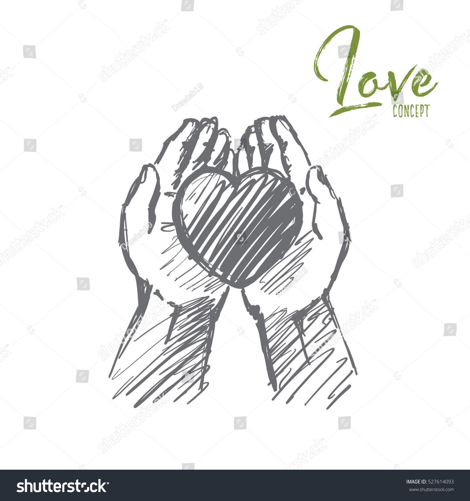 Vector hand drawn love concept sketch heart in caring human palms lettering love concept