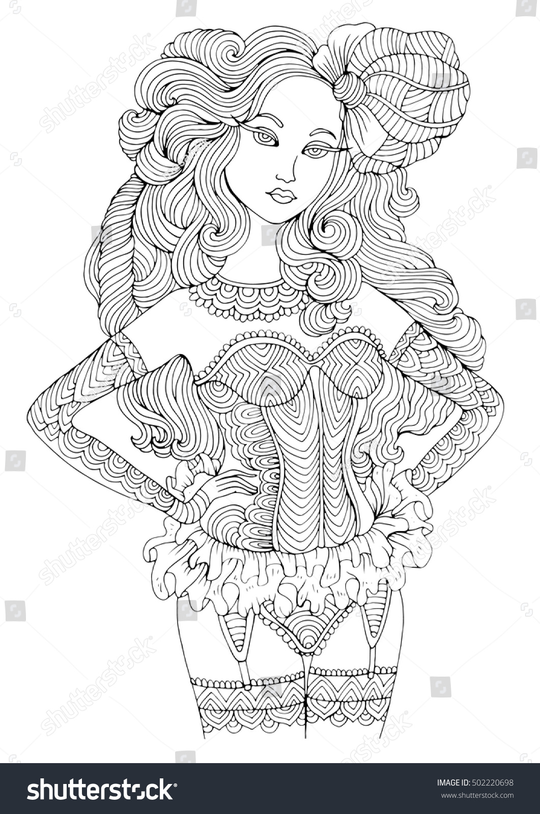 ランジェリーに描かれたレトロなセクシーな女の子 塗り絵本用のブードイアスタイルのファッション画像 ページa4のサイズに色を付けます Zentangle図面 のベクター画像素材 ロイヤリティフリー