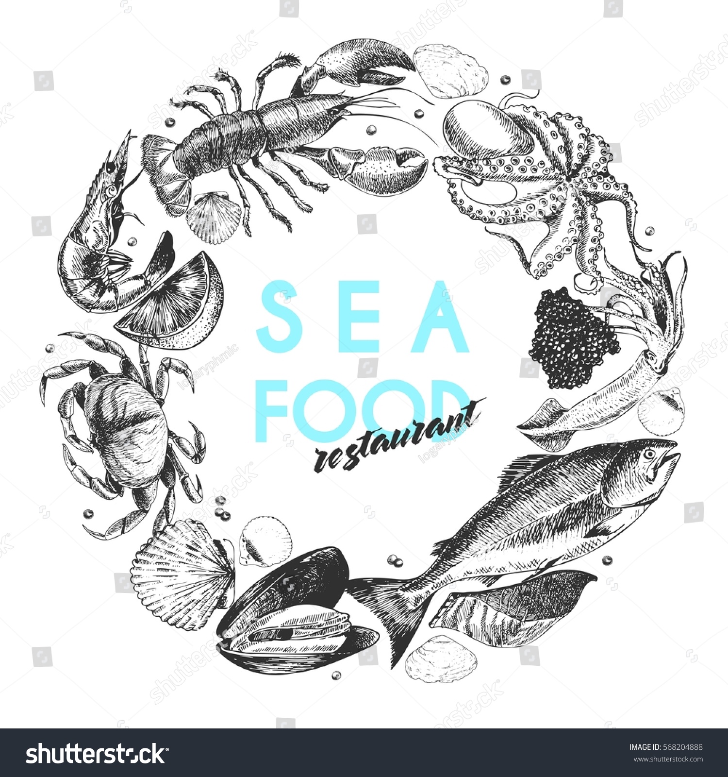 Vector Hand Drawn Seafood Logo Lobster Stock Vector 