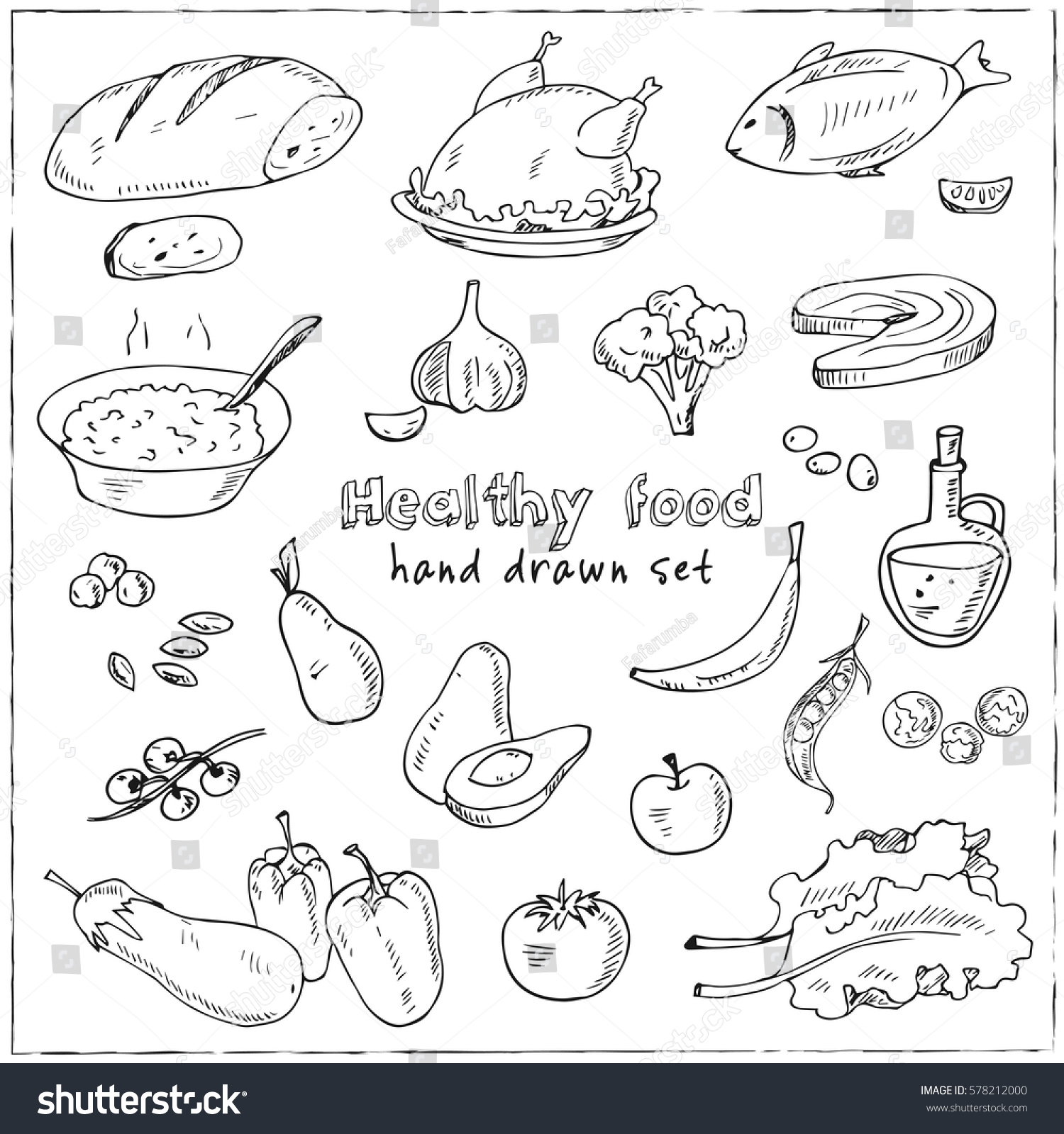 Vector Hand Drawn Set Healthy Food Stock Vector 578212000 - Shutterstock