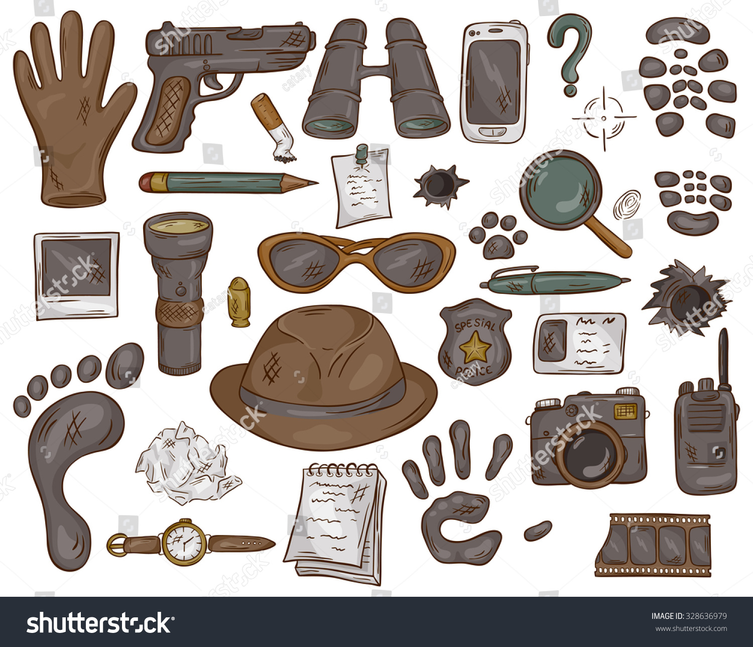 Vector Hand Drawn Set Of Illustration With Detective Tools And Evidence ...