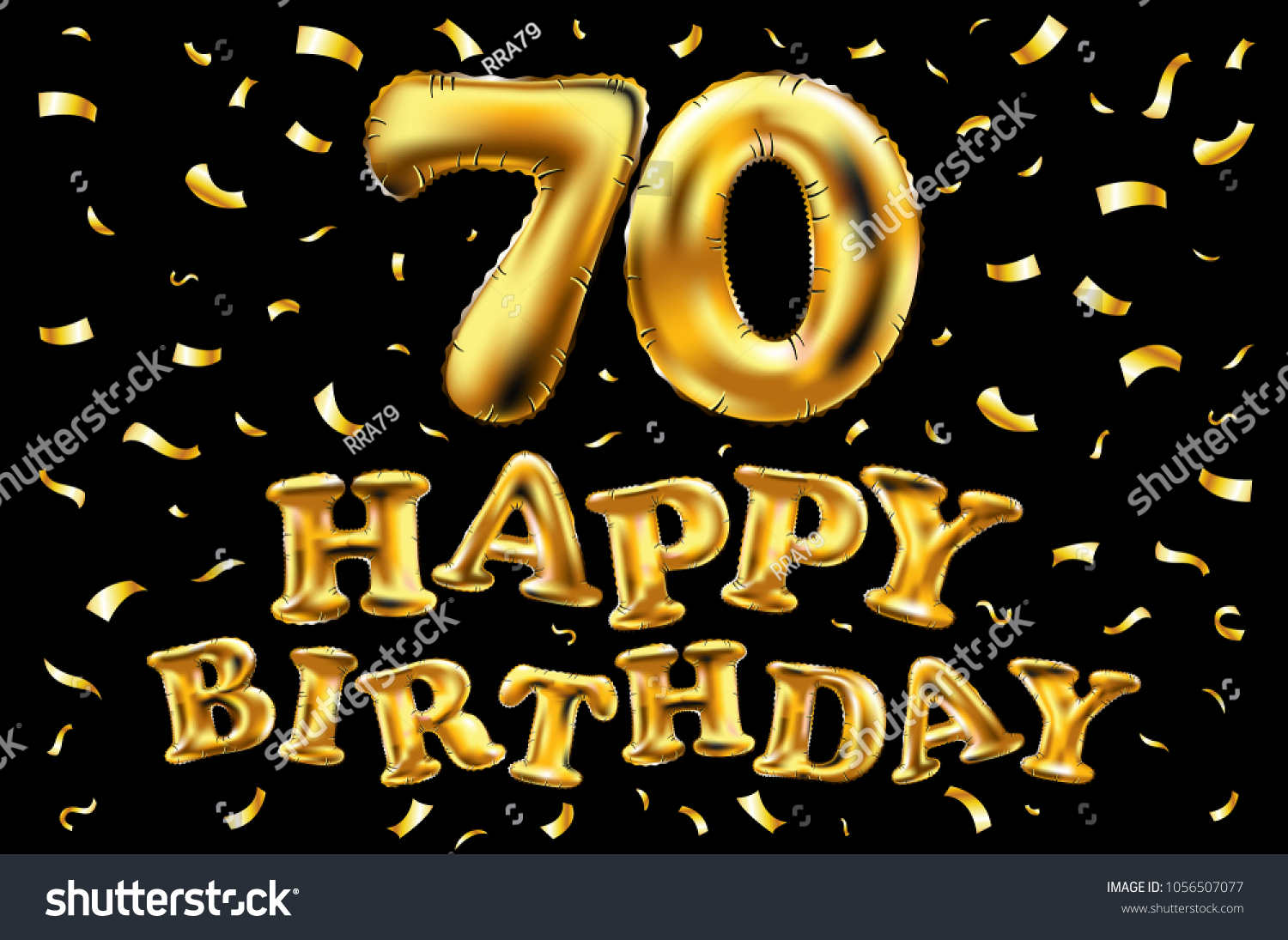 SVG of vector happy birthday 70th celebration gold balloons and golden confetti glitters. 3d Illustration design for your greeting card, invitation and Celebration party of seventy 70 years black art svg
