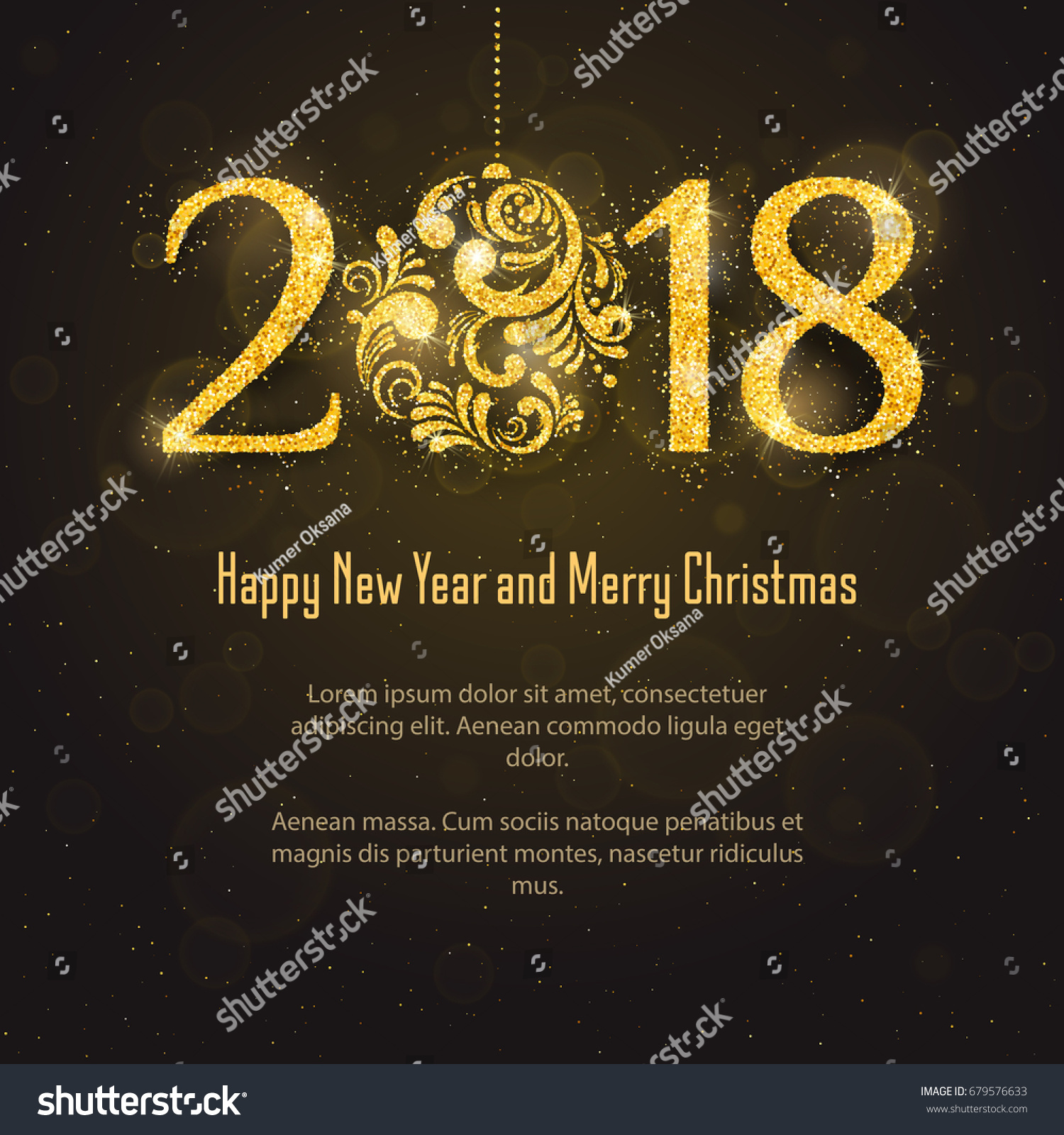 Vector 2018 Happy New Year and Merry Christmas greeting card with sparkling glitter golden textured Christmas
