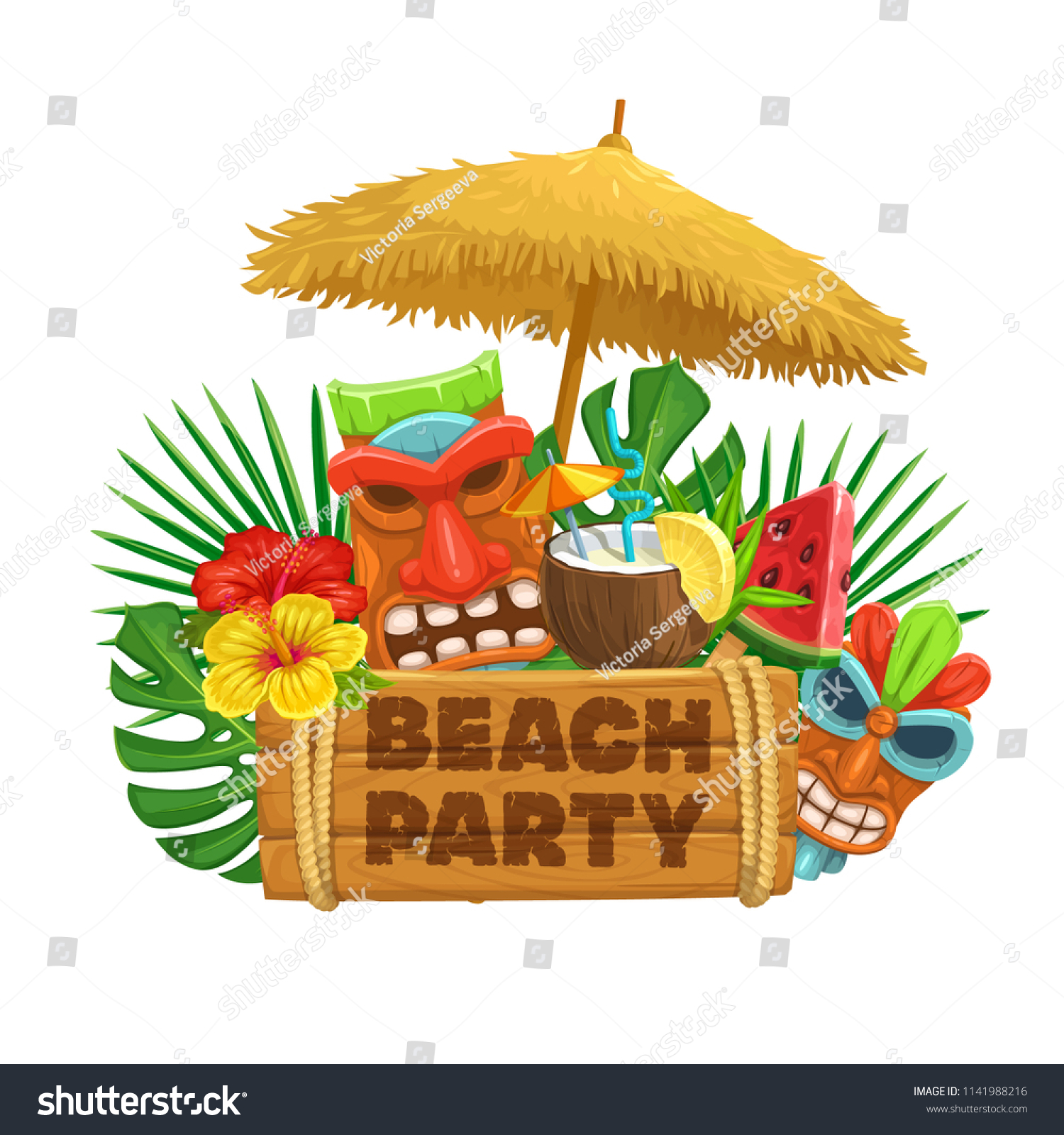 SVG of Vector hawaiian beach party banner. Tiki tribal mask, wooden signboard, straw umbrella, cocktail pina colada, watermelon, torch and flowers of hibiscus. svg