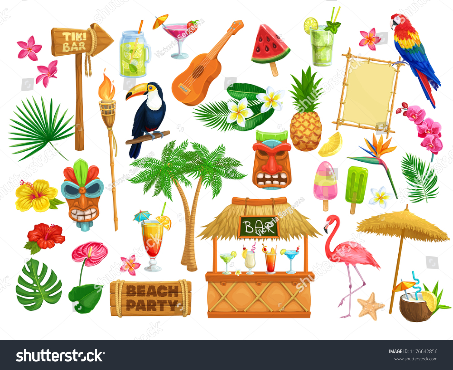 SVG of Vector hawaiian beach party icons. Tiki tribal mask, wooden signboard, tropical birds, cocktails, watermelon, torch, leaves and flowers. Guitar, fruit ice and pineapple for design luau holiday. svg