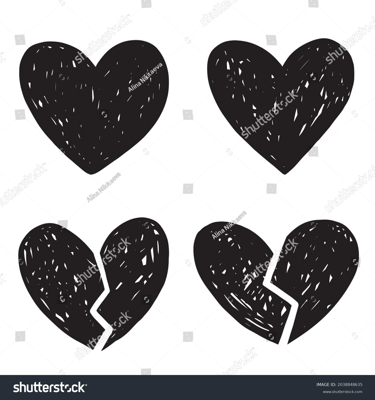 SVG of Vector heart sketch doodle illustration set  with broken heart shape. Black and white monochrome collection svg