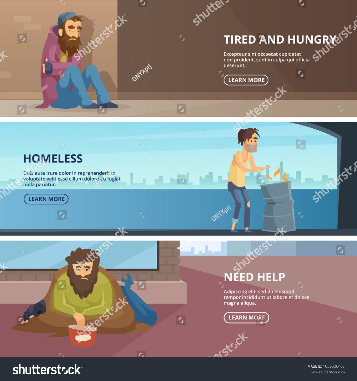 SVG of Vector horizontal banners with illustrations of poor and homeless peoples. Horizontal banner with hopeless and workless need help svg