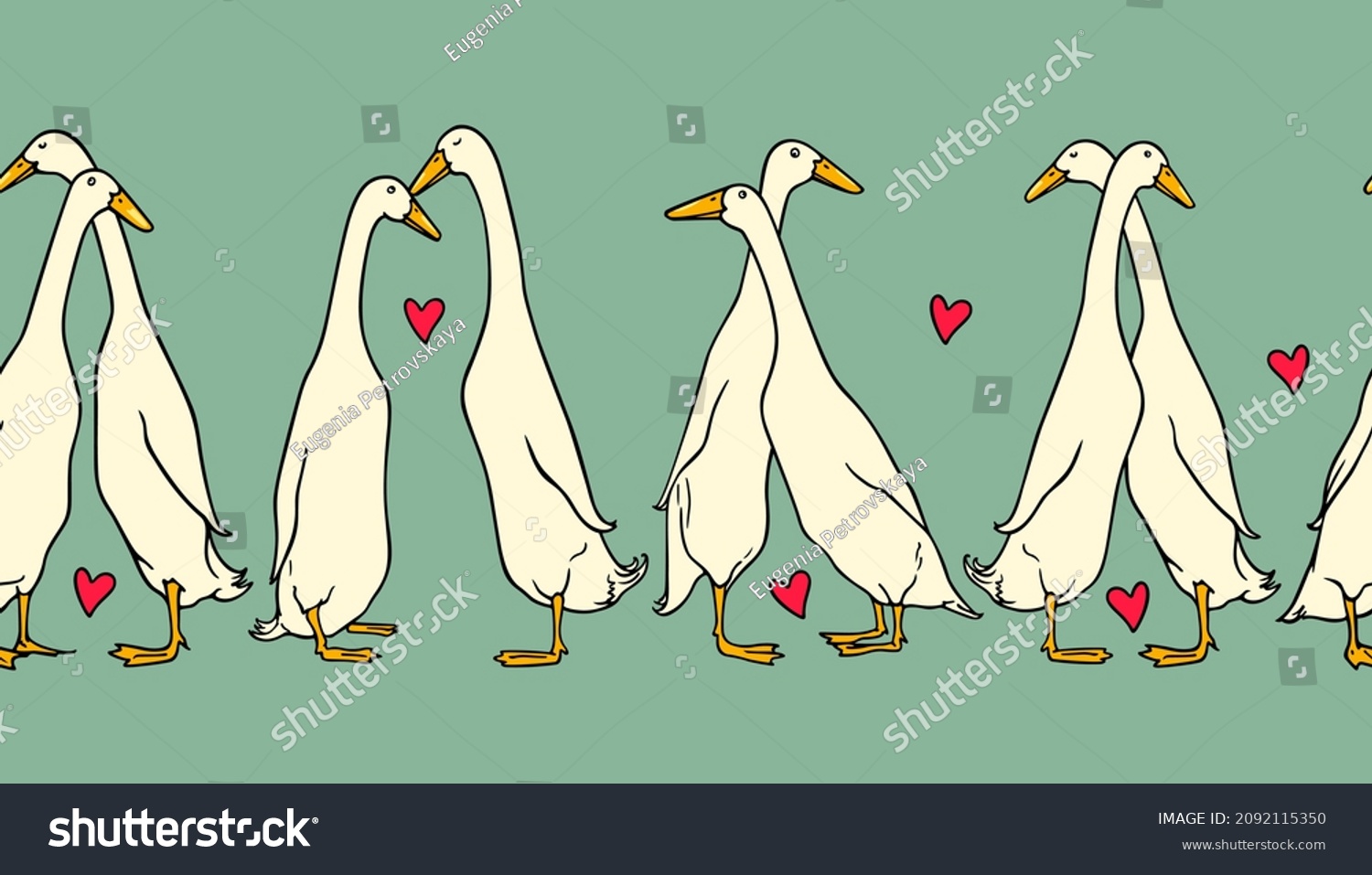 SVG of Vector horizontal seamless pattern with hand drawn cute white Indian Runner ducks in love. Ink drawing, beautiful Valentine's day design elements. Perfect for prints and patterns svg