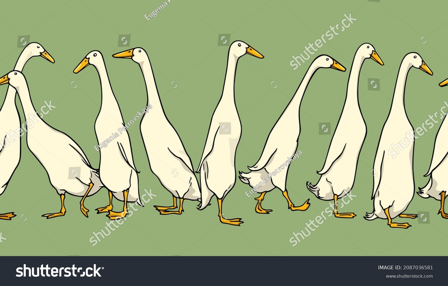 SVG of Vector horizontal seamless pattern with rows of hand drawn cute white Indian Runner ducks. Ink drawing, beautiful farm products design elements. Perfect for prints and patterns svg