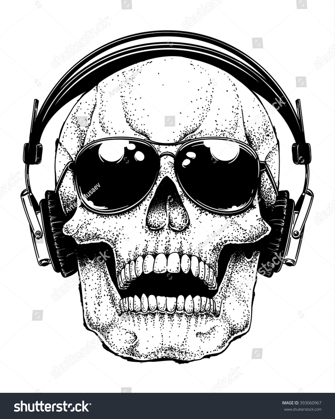 Vector Human Skull With Aviator Sunglasses Listening To Music In ...