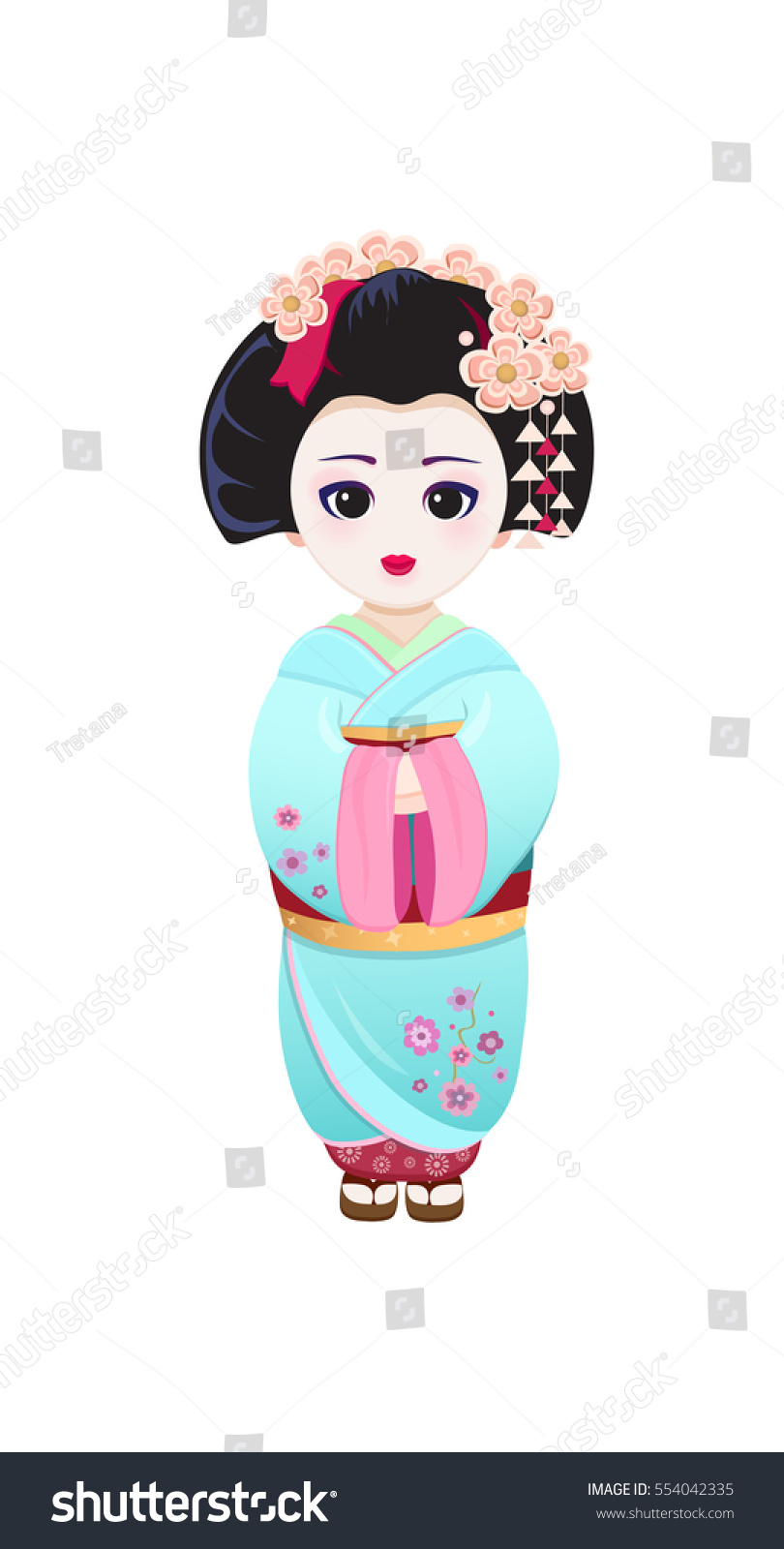 SVG of vector icon of cute young geisha for hanami celebration in blue kimono with sakura flowers on a hairstyle Isolated on white, anime doll kokeshi eps 10 big black eyes svg