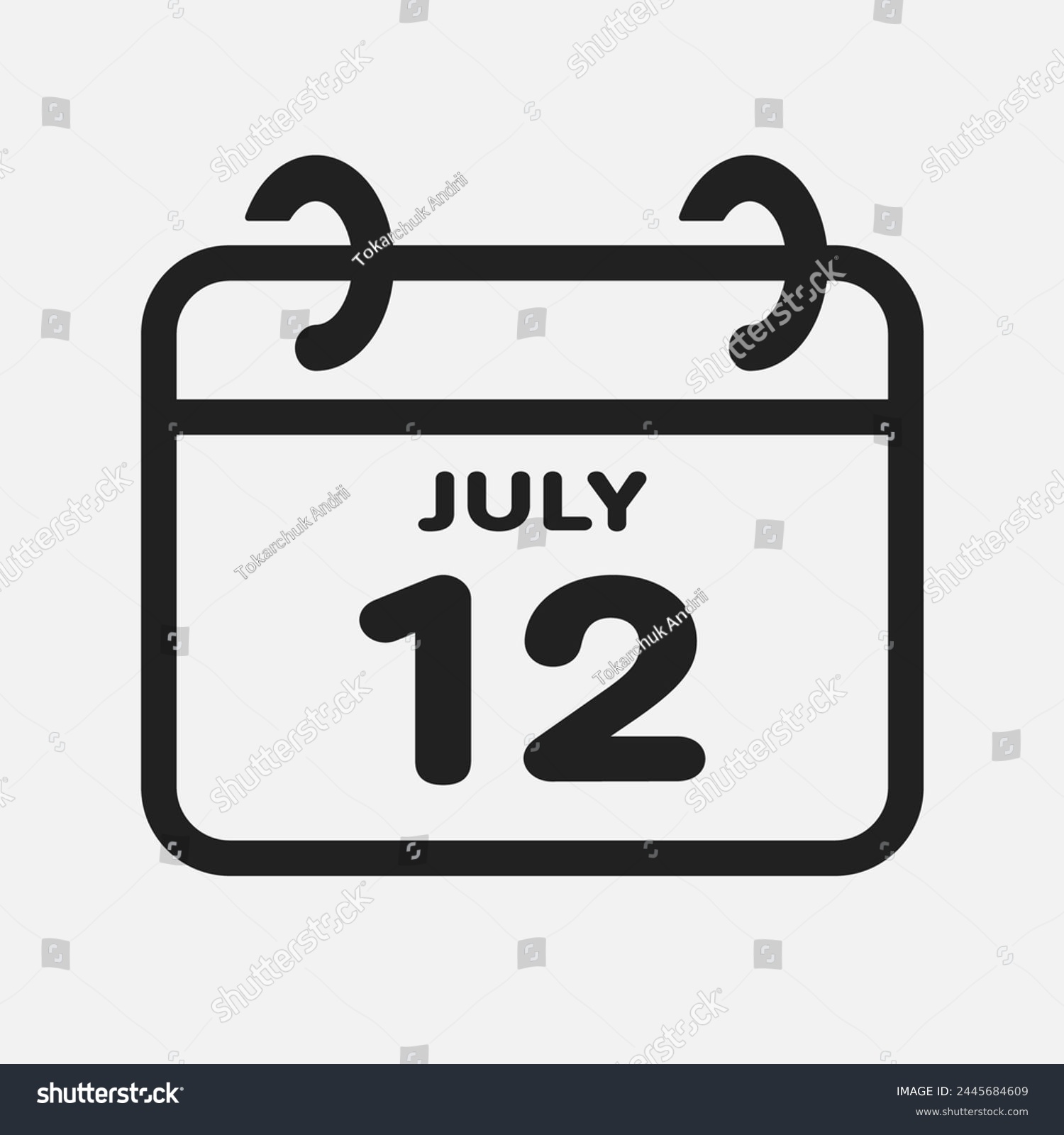 SVG of Vector icon page calendar day of month - 12 July. 12th day of month - Sunday, Monday, Tuesday, Wednesday, Thursday, Friday, Saturday. Anniversary, reminder, plan, to-do list. Calender on the wall svg