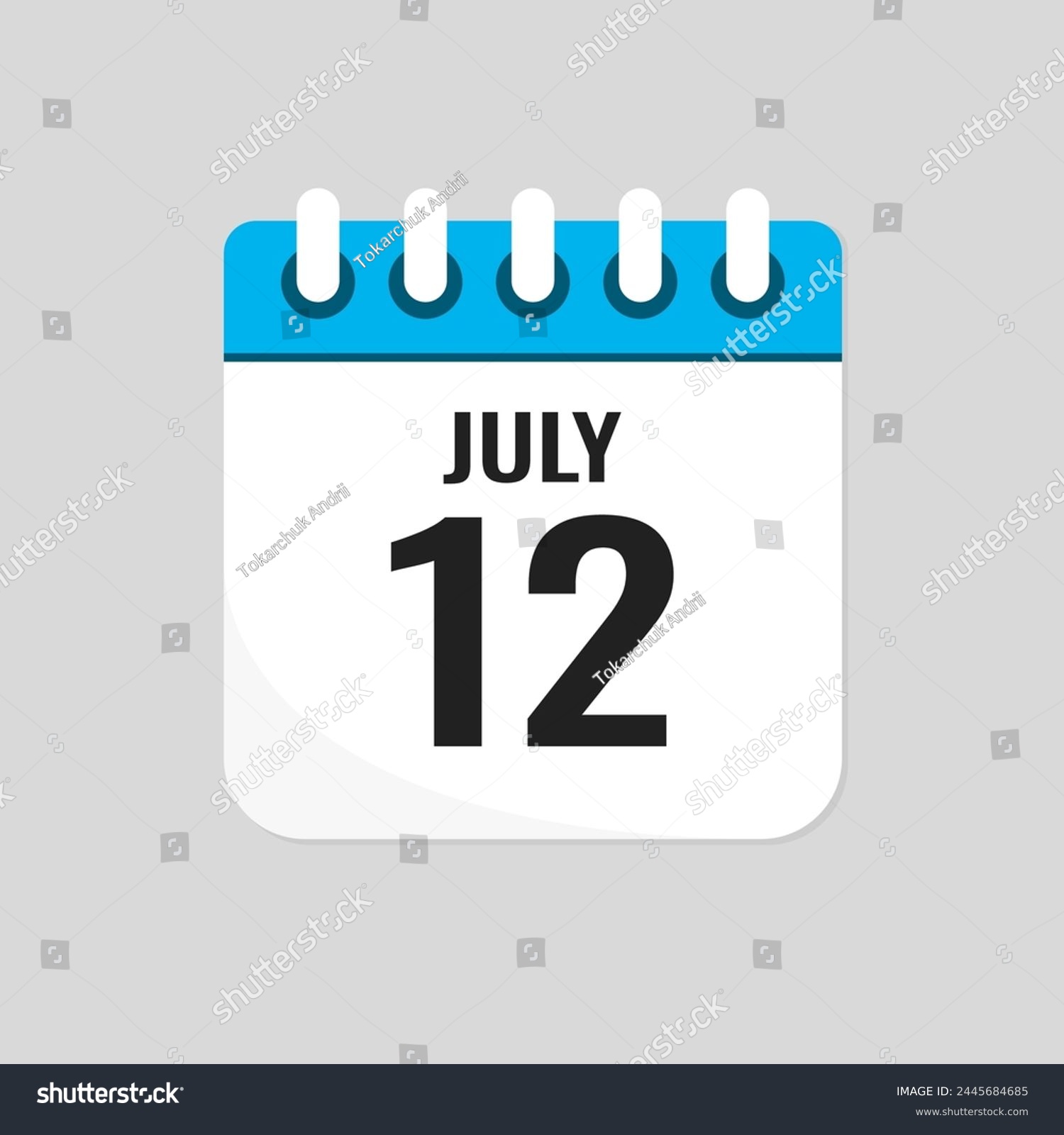 SVG of Vector icon page calendar day of month - 12 July. 12th day of month - Sunday, Monday, Tuesday, Wednesday, Thursday, Friday, Saturday. Anniversary, reminder, plan, to-do list. Calender on the wall svg