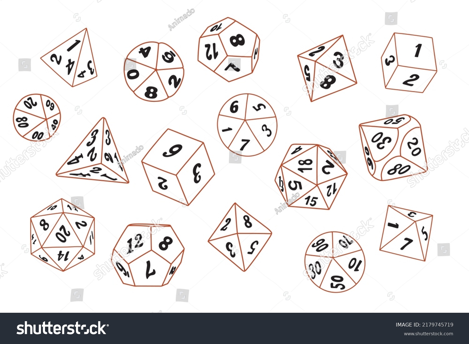 SVG of Vector icon set of dice for boardgames such as DND and RPG in doodle style svg