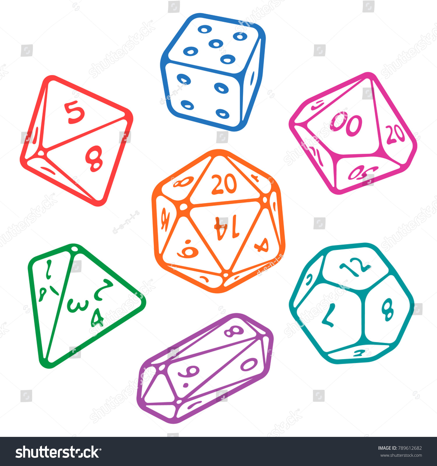 SVG of Vector icon set of dice for fantasy dnd and rpg tabletop games. Board game polyhedral dices with different sides: d4, d6, d8, d10, d12, d20 isolated on white background svg