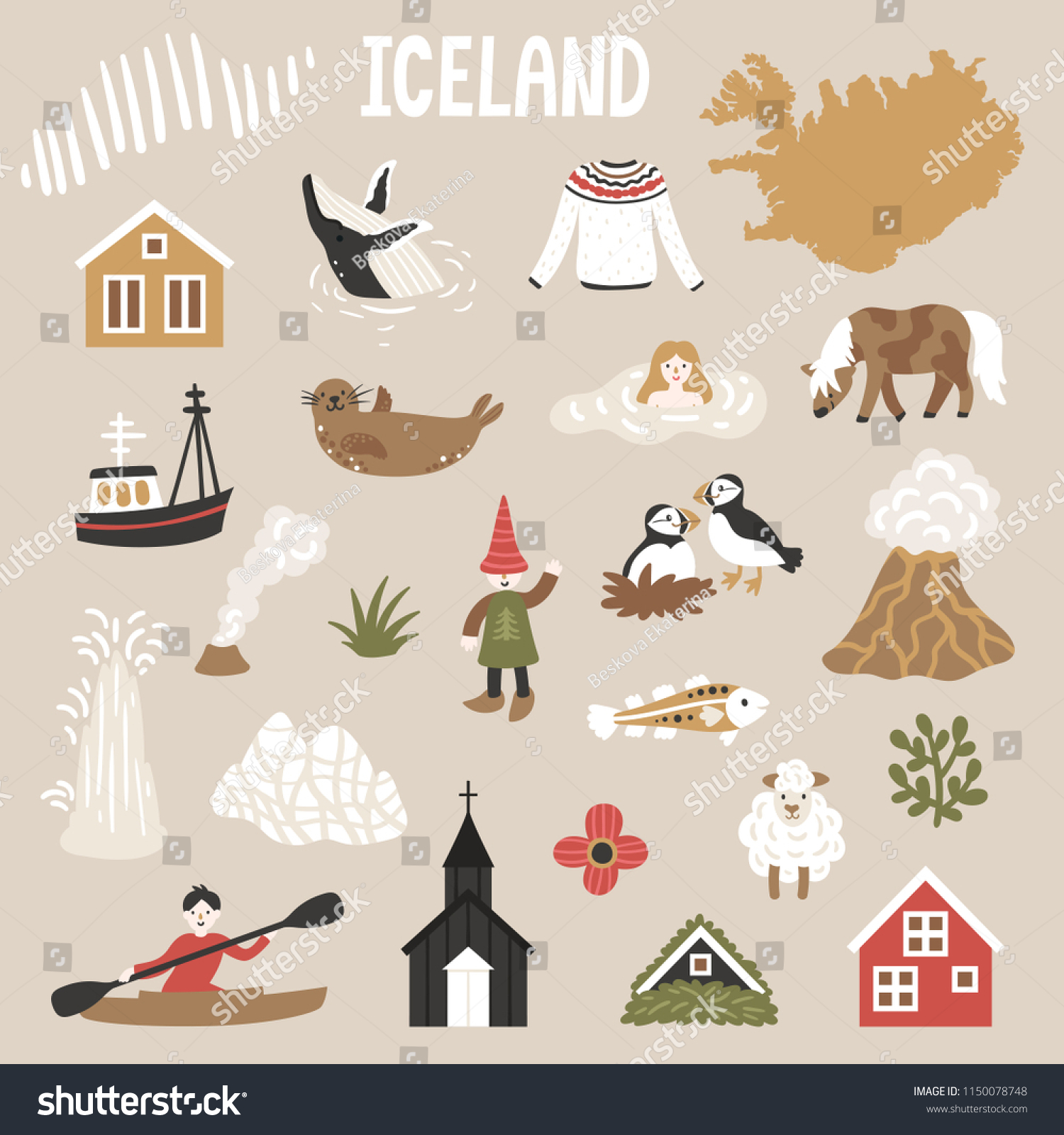 アイスランドのシンボルのベクター画像アイコンセット アイスランドのランドマーク 人 動物 シンボルを持つ旅行イラスト 北欧性 のベクター画像素材 ロイヤリティフリー