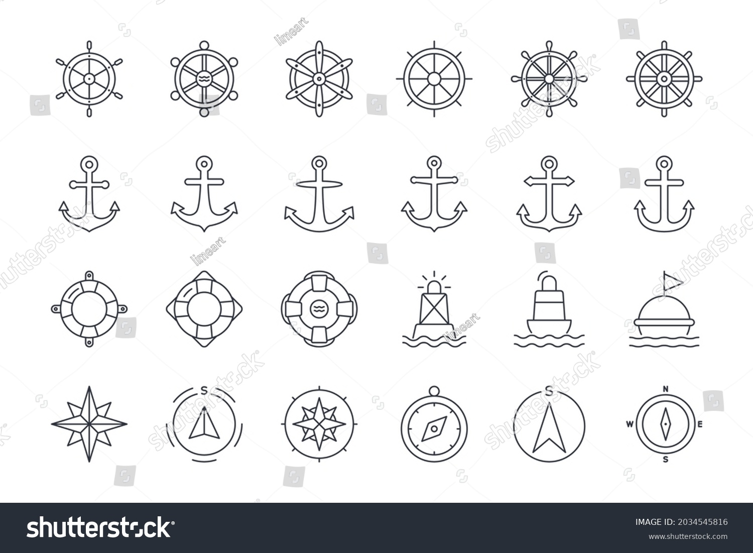 SVG of Vector icons of ship steering wheel, anchor, lifebuoy and buoy, compass, wind pose. Editable stroke. Set of linear nautical icons svg