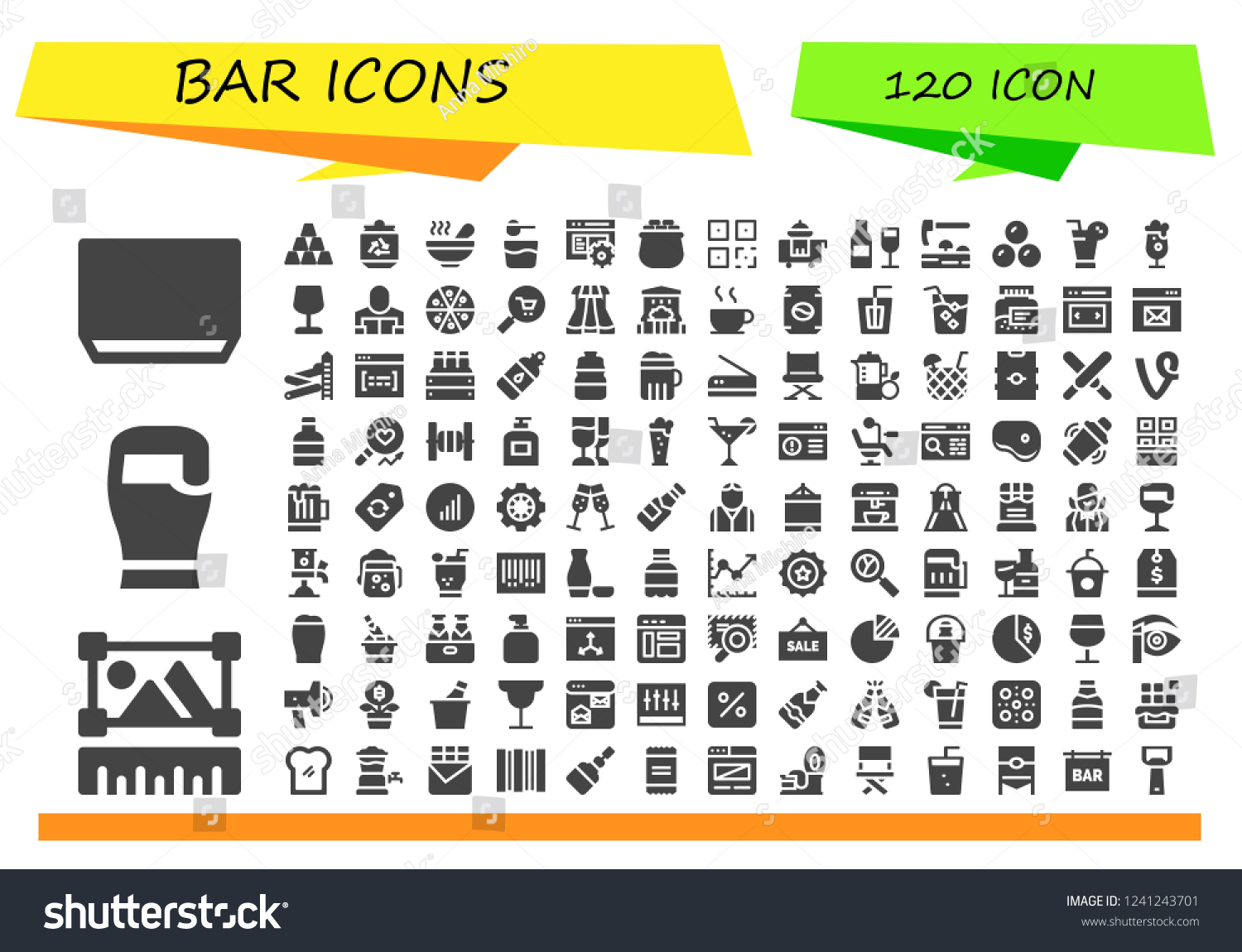 SVG of Vector icons pack of 120 filled bar icons. Simple modern icons about  - Soup, Graphic, Beer, Ingot, Can, Powder, Code, Gold, QR, Room service, Wine, Adze, Chocolates, Juice, Wine glass svg