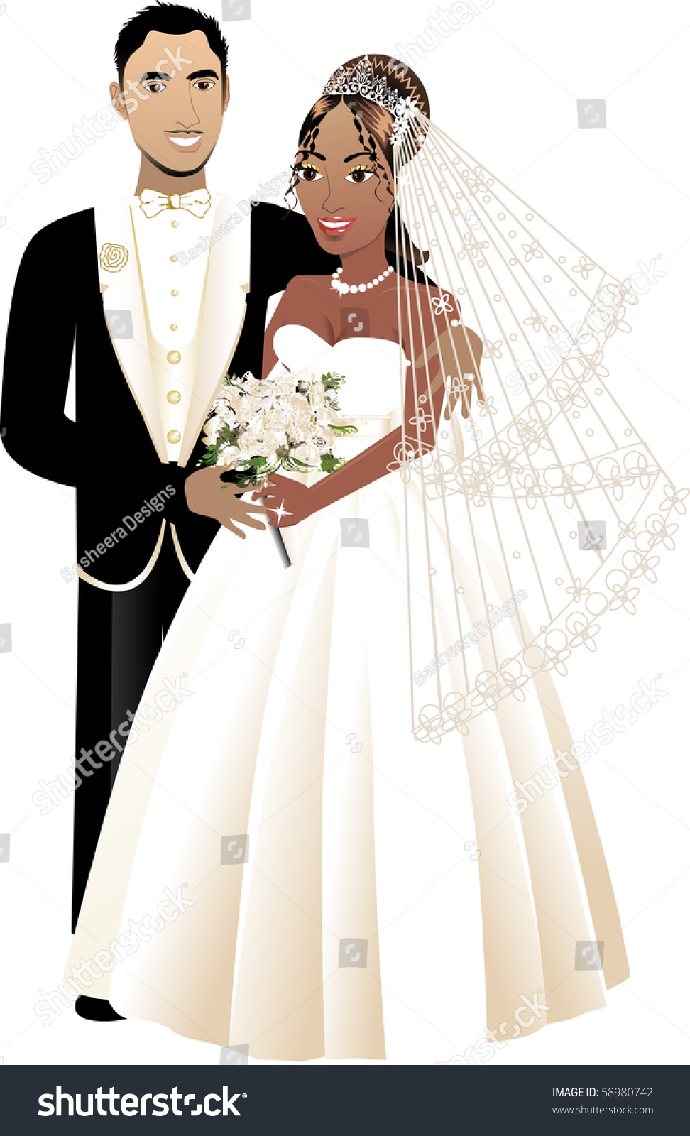 Vector Illustration. A Beautiful Bride And Groom On Their Wedding Day ...