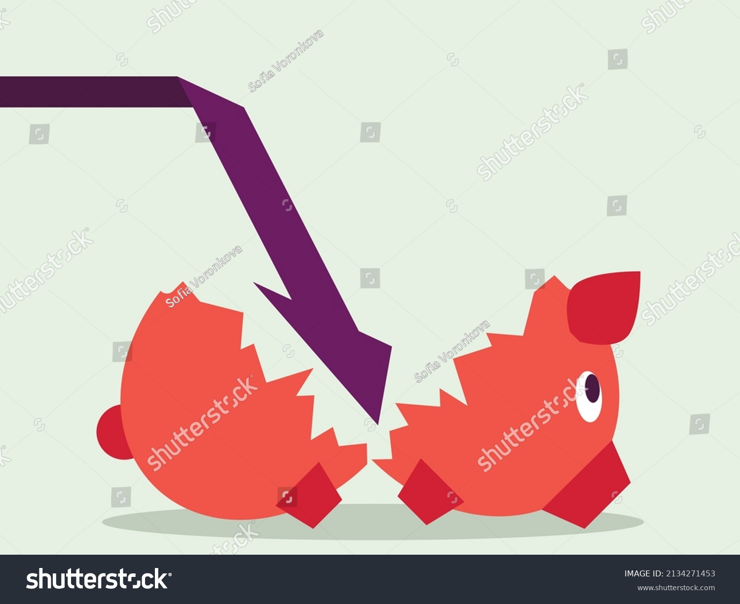 SVG of Vector illustration - a ceramic piggy bank broken into two parts and an arrow pointing downwards isolated. Concept - financial crisis and bankruptcy svg